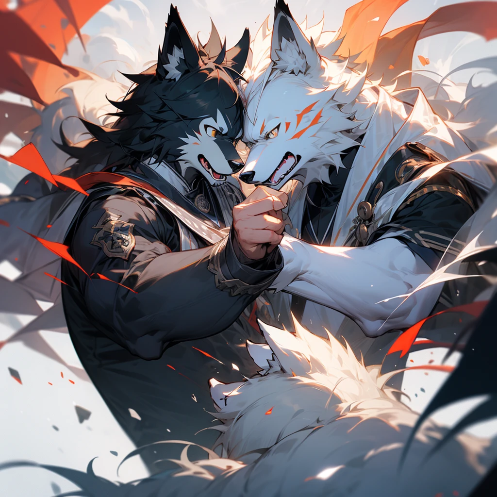 Handsome Huge Muscle white wolf and handsome furry black wolf student uniform See you face to face in park