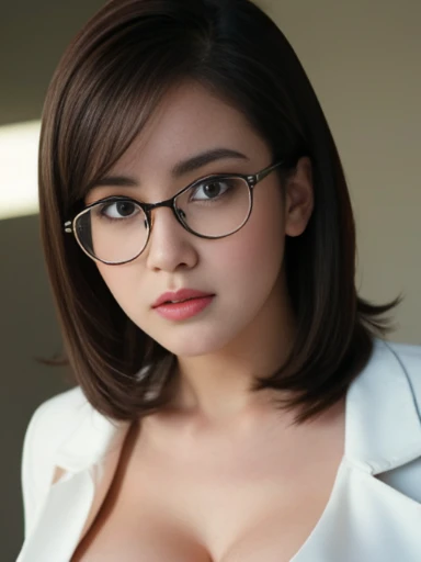 16k, HDR, Natural light, bear chest, Best Quality, Masterpiece, Perfect anatomy very detailed face, fine eyes, 1 girl, nsfw, wearing a business suit, Open blouse, (medium round breasts), (open breasts), cleavage, bulge tits, medium Brunette hair, idols, shining eyes, glasses, coboy shots , nsfw