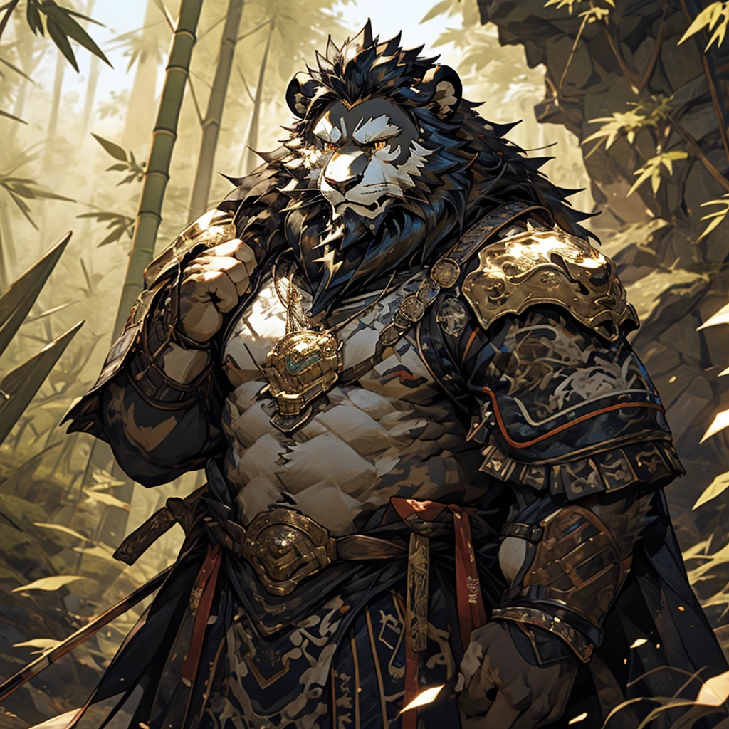 白色皮肤lion),(黑白阴阳General战袍),Holding a long sword,坚Strong姿态,stand calmly,(The background is a dark deep forest covered with bamboo:1.2),abdominal muscles,heroic posture飒爽,完美的masterpiece,Various facial details,distance perspective,specific description,masterpiece,CG,(golden eyes),black and white pattern,Crimson tail,General,heroic posture,lion,black and white fur,specific facial details,Half body,(黑白阴阳General战履),(Chang Ling),((middle aged)),(Face focus),(16K),HD,black and white belly,wilderness,beard,(Noodles),different students,(Black and white yin and yang shirt),(Black and white hair),Strong,muscle,(High resolution:1.3),(Standing deep in the deserted bamboo forest),(close up),(Detailed face:1.5),Perfect details,(Half body),(facial detail depiction:1.5),(Zoom in on face:1.5),(白色Noodles:1.2),(黑色beard:1.3),(white face;1.6),white body