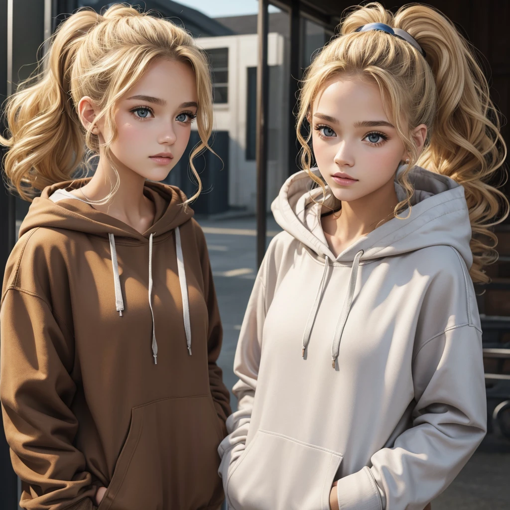  woman like 16 years old, Curly Blonde hair with ponytail, brown eyes and a hoddie. 