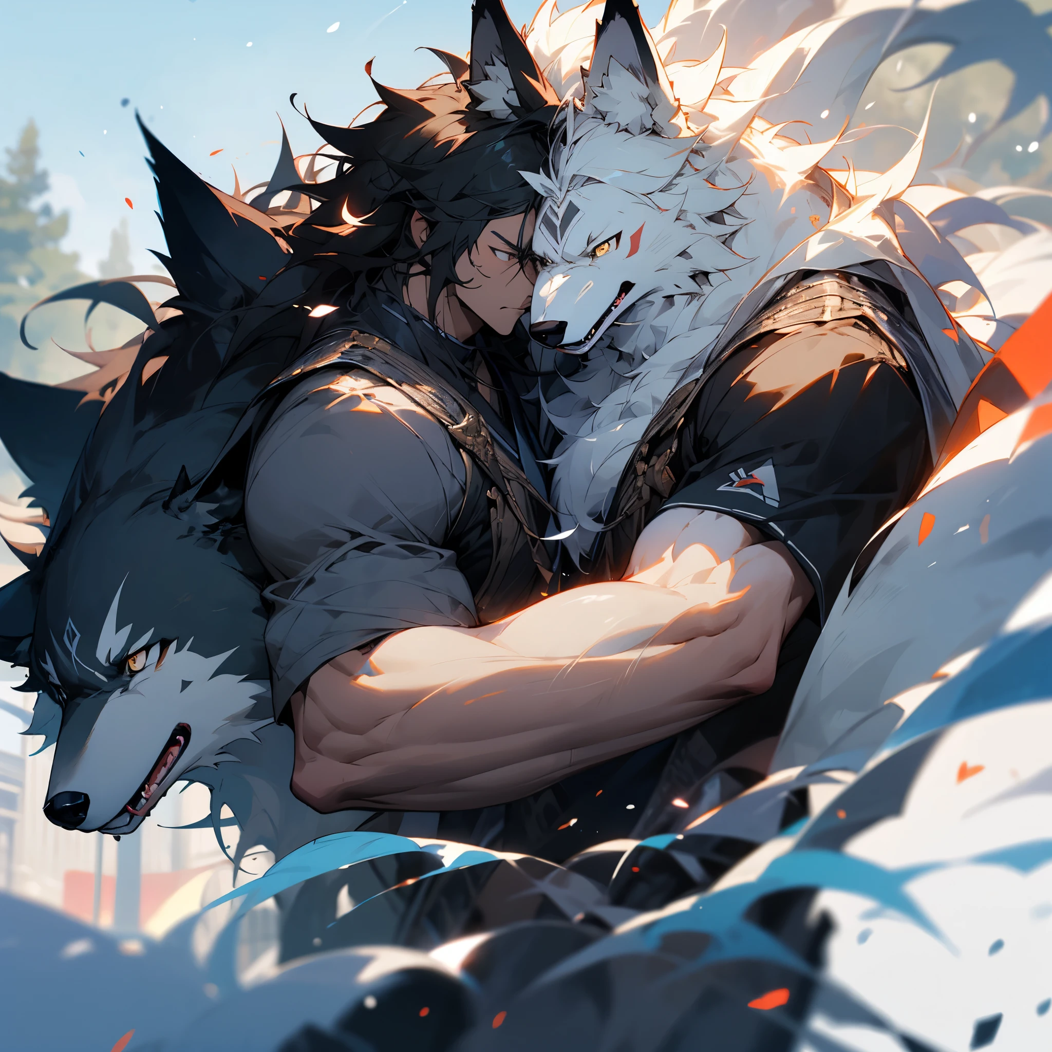 Handsome Huge Muscle white wolf and handsome furry black wolf student uniform See you face to face in park