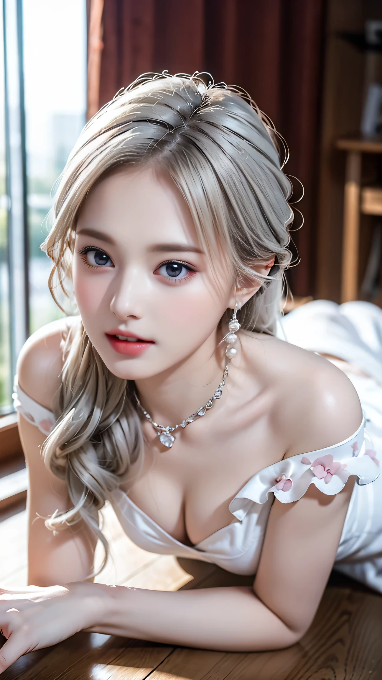 top quality work,Actual work,Ultra Premium Graphics,8K HD CG works,High quality graphics,High-definition CG works,10x pixels,super fine details:1.1,Advanced technical details:1.1Photo-realistic,Indoor Lighting Effects:1.5,Natural light:1.5. light effect(virtual light effect:1.8),超A high resolution,shiny red dress,長いsilver hair,silver hair,transparent hair,high detail hair(premium hair detail:1.1)clear eyes,beautiful double eyelids,sharp eye makeup, delicate eyelash makeup, thin eyebrows, highly detailed eyes,high nose, nice red lips, rose cheeks, A face with delicate makeup , cute face, perfectly proportioned face,(Advanced facial details:1.1),shiny,Summer Sexy Hip Wrap Fishtail Sleeveless Commuter Maxi ,stiletto heels,Beautiful long dress,wonderful dress,bright red series,(Semi-transparent off-shoulder white floral dress) Dress Collection,dress photo shoot,authentic dress work,At the banquet hall,woman'artwork of,full body figure,Dress goddess,realism,wonderful,My eyes are shining today(,(get down on all fours)),(Rear view),(look back),