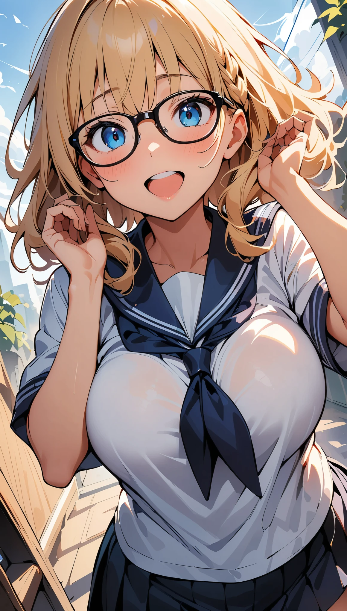 (high quality, 8K, 4k, high contrast, masterpiece:1.2, 最high quality, best aesthetics), (dynamic angle), ((1 female)), erotic, sexy, mature body, JK, , Braid, Glasses, sexyな唇, excited, Chairman, sailor suit:1.2, open your mouth.