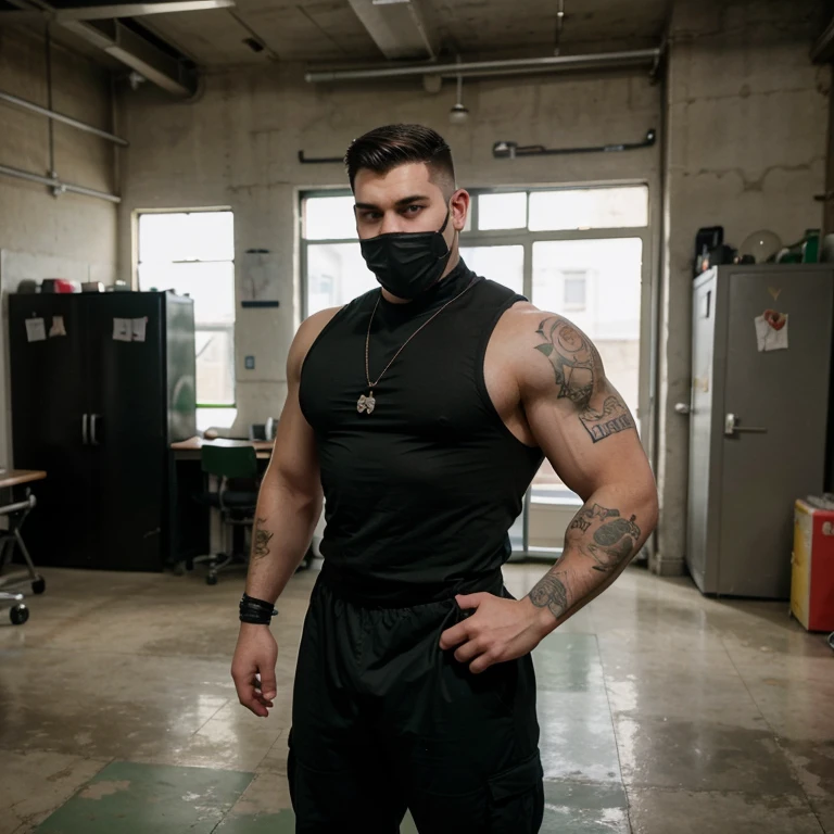 Young white man, , ninja, black hair, military haircut, fixed green eyes, sharp features, no facial or body hair, height 1.90, weight 93 kg, aesthetic corpulent build, tattoos in the forearms, broad shoulders, wide back, arm span: 2 meters, V-shaped body, perfil entire body view,