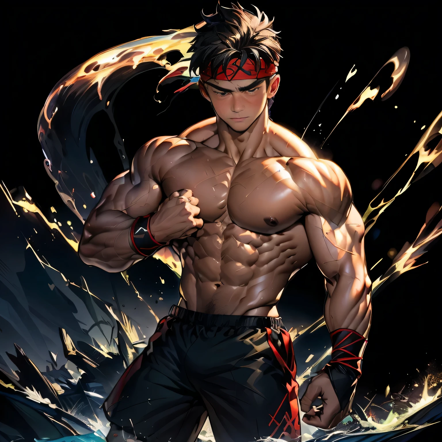 (Masterpiece, Best quality 19 year old boy, black background, shoot from front), solo, Young, boy, muscler, Shirtless, ???????, (Dark Short straight hair, under cut), (red headband, ((black wristband))), Vivid colors, (hot Abs:1.2, abs!, big abs, big ??????:1.2, ?????!, muscler upper arms), (??????? male), muscler!, muscler body, (aura power:1.4), detailed face, detailed muscle, (((A magical mystical aura, random pose, powerful, action, rippling muscles, fighting with enemy)))