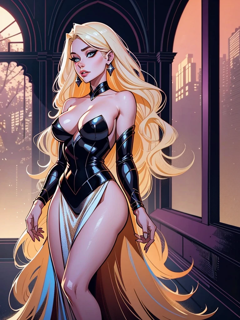 platinum blond hair with orange tint. Create a mesmerizing masterpiece of the highest quality, featuring a captivating solo female Dhampir character with pale skin and an intense gaze. The artwork should be rendered in photorealistic detail, with a rating of 1.4. The character should be portrayed wearing a stylish skirt and a striking witch outfit, exuding elegance and allure. Her hair should be the focal point, with a stunning ombre effect that transitions from platinum blonde at the roots to a dark orange shade, achieving a gradient of 1.5. Accentuate her piercing eyes and sharp fangs, further enhancing her mysterious nature. Set her in a moonlit garden, enveloped in a sinister atmosphere, with vibrant colors and dramatic lighting. Ensure every detail is meticulously captured, from her flawless face to her graceful pose, as she walks through the garden, exuding confidence and intrigue. Pay special attention to her hair, which should have a mesmerizing ombre effect with a gradient rating of 1.2. Start with a platinum blonde shade at the roots, seamlessly transitioning into a dark orange hue towards the ends. Capture every strand with meticulous precision, highlighting the beauty and uniqueness of her hair. ((((Full Body Portrait))))