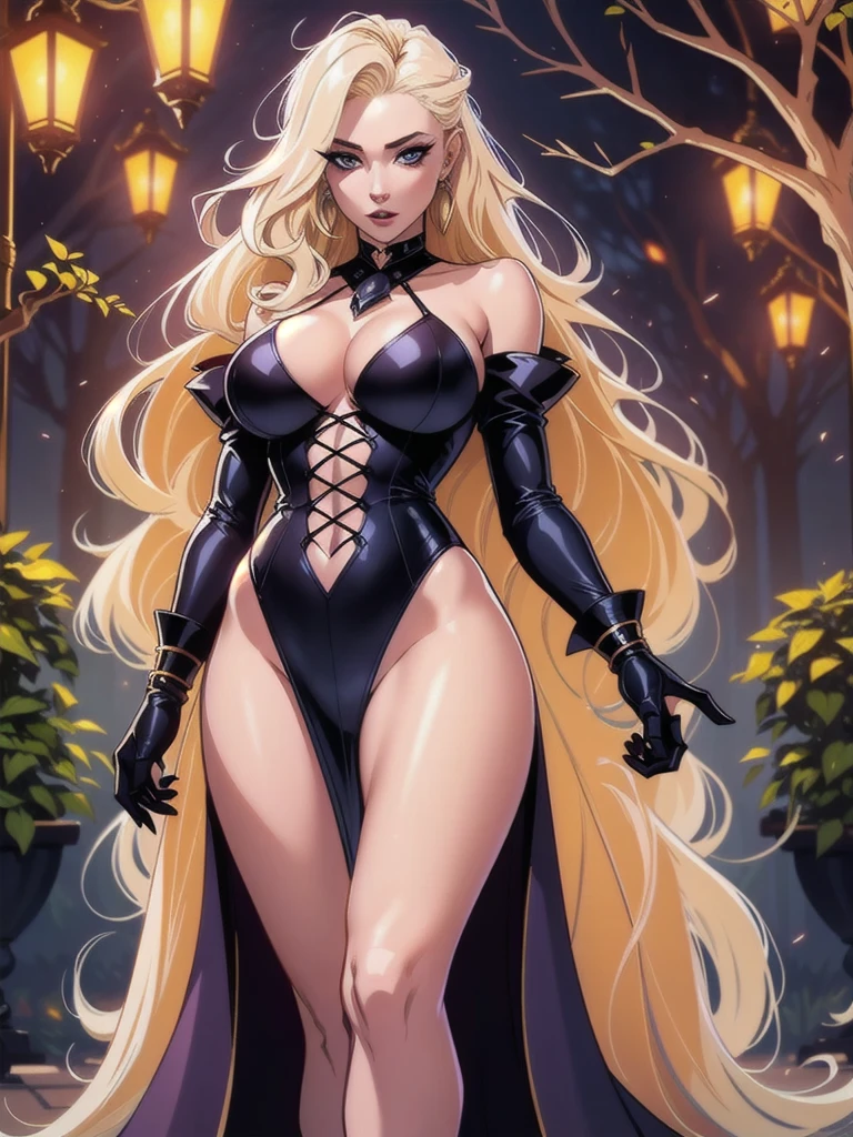 platinum blond hair with orange tint. Create a mesmerizing masterpiece of the highest quality, featuring a captivating solo female Dhampir character with pale skin and an intense gaze. The artwork should be rendered in photorealistic detail, with a rating of 1.4. The character should be portrayed wearing a stylish skirt and a striking witch outfit, exuding elegance and allure. Her hair should be the focal point, with a stunning ombre effect that transitions from platinum blonde at the roots to a dark orange shade, achieving a gradient of 1.5. Accentuate her piercing eyes and sharp fangs, further enhancing her mysterious nature. Set her in a moonlit garden, enveloped in a sinister atmosphere, with vibrant colors and dramatic lighting. Ensure every detail is meticulously captured, from her flawless face to her graceful pose, as she walks through the garden, exuding confidence and intrigue. Pay special attention to her hair, which should have a mesmerizing ombre effect with a gradient rating of 1.2. Start with a platinum blonde shade at the roots, seamlessly transitioning into a dark orange hue towards the ends. Capture every strand with meticulous precision, highlighting the beauty and uniqueness of her hair. ((((Full Body Portrait))))