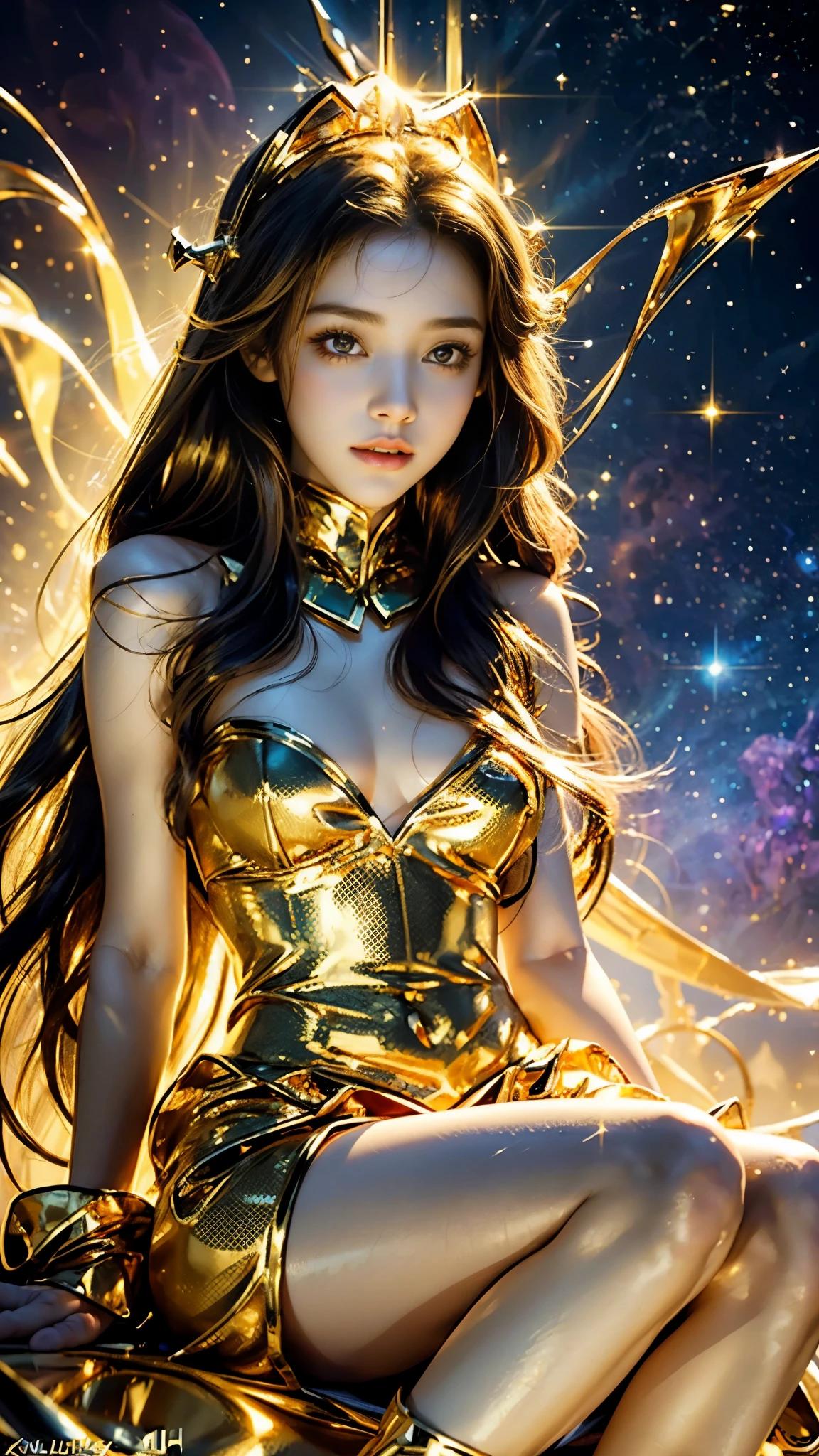 4K Ultra HD, Masterpiece, A girl with a magical aura, (good face:1.4), very Long hair, Detailed eyes, Glossy lips, ta costume, (golden costume:1.5), The aura around the body, Magical effect, Spread white light, Cosmic elements and ethereal atmosphere, A mix of bright lights and colorful nebulae, universe background, Perfect body, sitting,