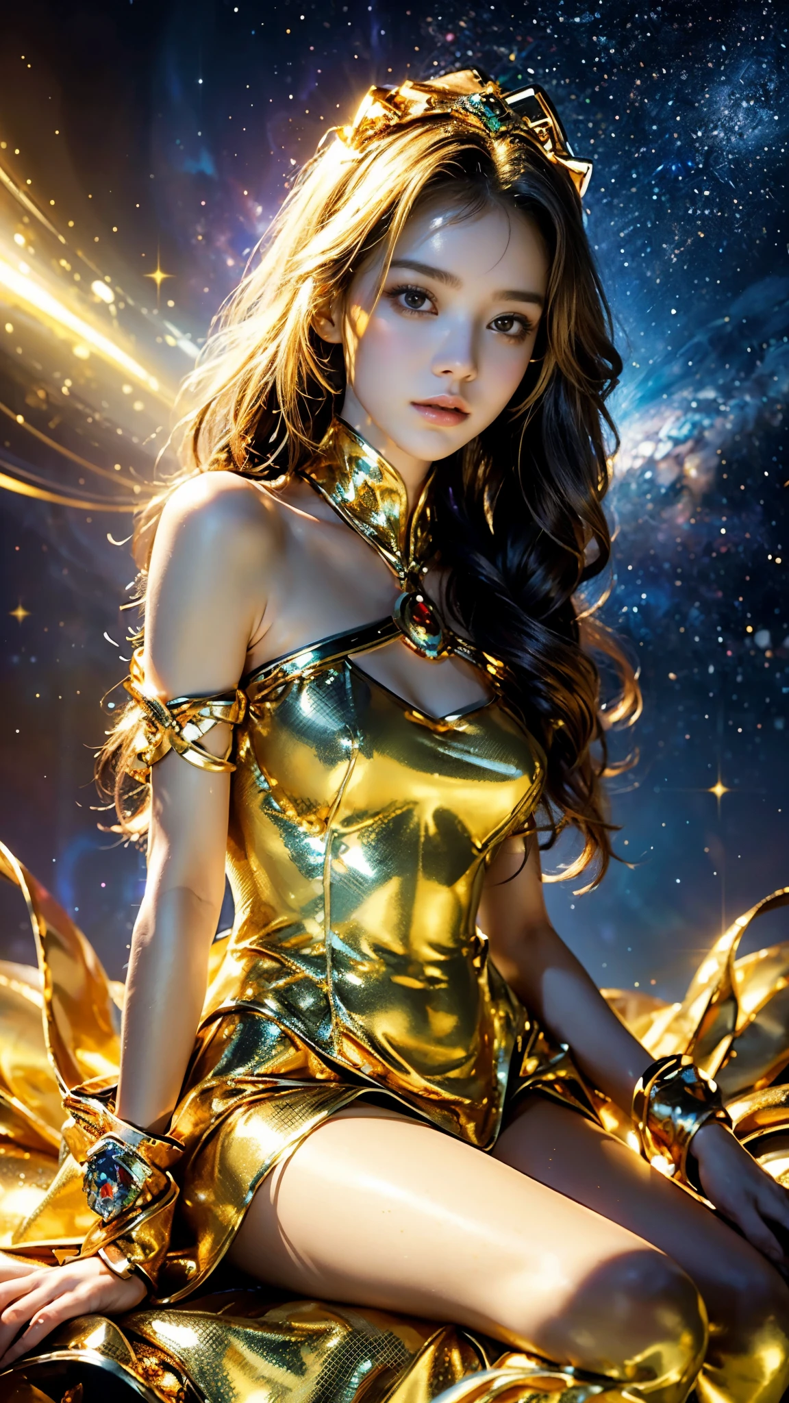 4K Ultra HD, Masterpiece, A girl with a magical aura, (good face:1.4), very Long hair, Detailed eyes, Glossy lips, Lolita costume, (golden costume:1.5), The aura around the body, Magical effect, Spread white light, Cosmic elements and ethereal atmosphere, A mix of bright lights and colorful nebulae, universe background, Perfect body, sitting,
