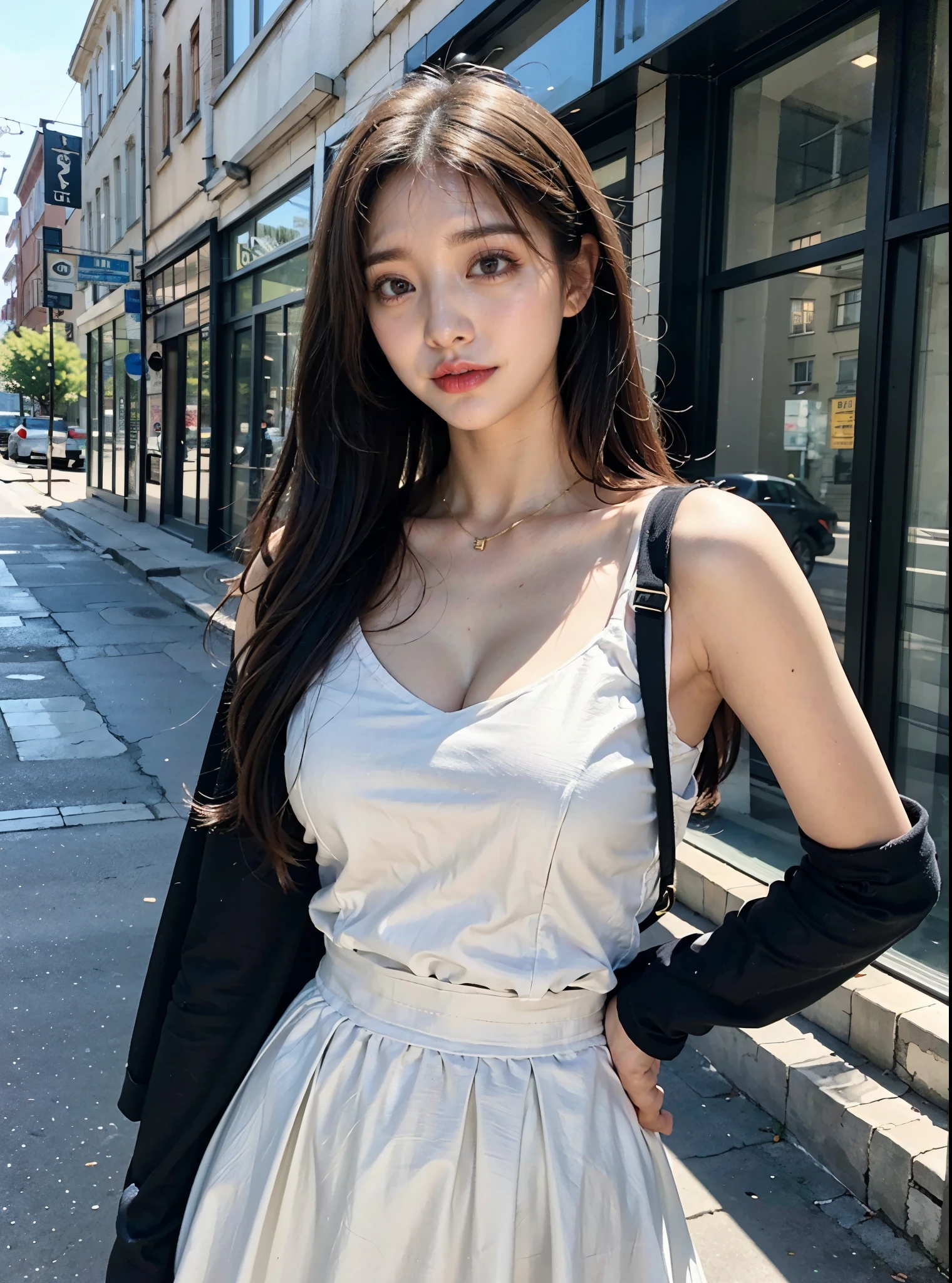 (Best Quality, 8K, 32 k, Masterpiece, UHD:1.2), Photorealistic:1.37,Photo Masterpiece, Best Quality, Raw foto,  UHD, 1Girl,  Long hair, Glitter Hair,Brown hair, captivating, White dress, [Messy Half Ponytail|bobcut] The middle_parting_Hairstyles, looking up at viewer, In the street, intriciate detail, detailed background, Detailed skins, pore, high resolucion, HDR, looking up at viewer, from frontal, Whole-body focus, Street Snap, Depth of field,  detailed details, Anatomically accurate.,  (Photorealistic, BAPV:1.3), (Upper body from waist frame:1.2), Renaissance background, natural lighting, golden_ratio, Shot with Kodak Vision3 IMAX, fujicolor_because_film,