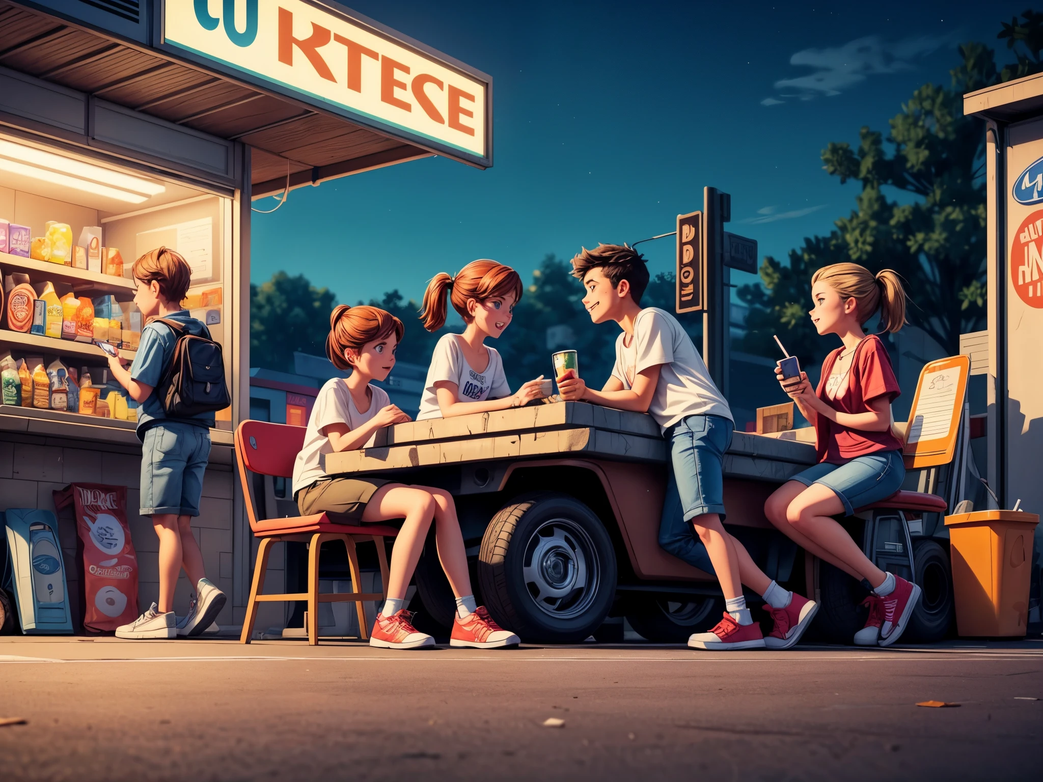 (best quality, 4k, highres, masterpiece:1.2), ultra-detailed, realistic, dimly lit late-night convenience store parking lot with bad students hanging out, drinking alcohol, and smoking cigarettes. The convenience store shelves are stocked with snacks, drinks, and cigarettes. The walls are covered in graffiti, and there is trash on the ground. The empty parking lot has a few cars scattered around. The fluorescent lights flicker, casting dark shadows. The cashier behind the counter looks bored. A group of students sits on the hood of a car, chatting and laughing. One student holds a beer can, blowing smoke in the air, while another leans against a wall, scrolling on their phone. In the distance, the sound of a car passing by breaks the late-night silence occasionally.