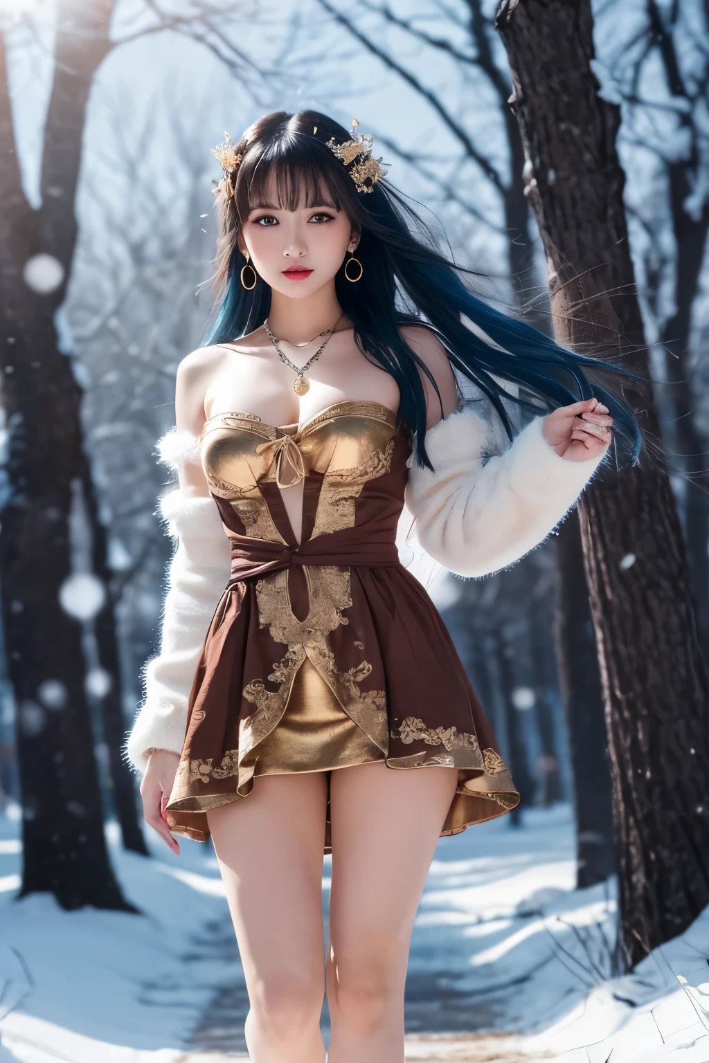 ((masterpiece)), ((highest quality)), (Super detailed), ((cute)), cute, (Lovely), ((sexy)), (device), ((very detailed)), 4k, (8K), highest quality, (beautiful), figure, dynamic angle, in the middle, fold your arms, city, forest, evening, winter, Beautiful woman, alone, sacred costume, beautiful blue hair, beautiful brown eyes, ((beautiful eyes)), long hair, lip, hair ornaments, earrings, necklace, blush, Lens flare, snow effect, shiny , full body
