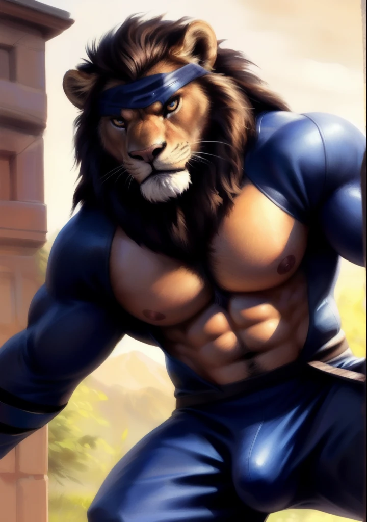 Lion, (((ninja outfit))), metal ninja headband, ninja pose, ninja mask, big mane, long mane, mane, open top clotches, showing chest, male, solo, adult, abs, pecs, big pecs, nipples, older, strong muscles, detailed face, beautiful eyes, muscular chest, muscular, angry face, bodybuilder body, beefy, japanese background, looking at viewer, bulge, by bruteandbrawn, by personalami, by kenket, (intricate, high detail, film photography, soft focus, RAW candid cinema, photorealism, realistic, photorealistic, analog style, subsurface scattering, masterpiece, best quality, ultra realistic, 8k)