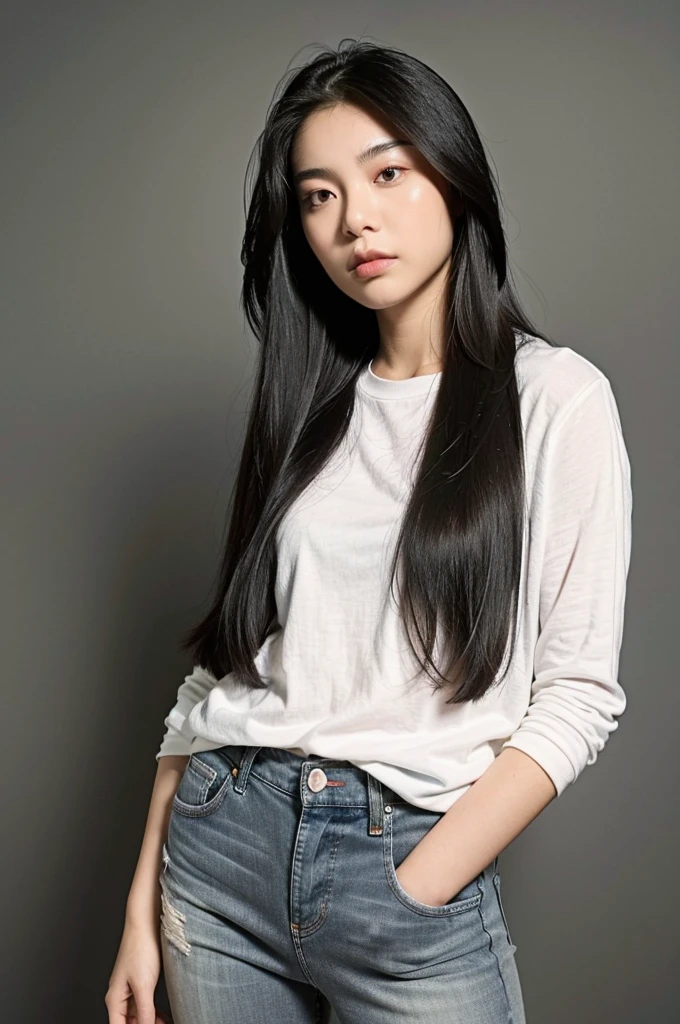 1girl, long hair, White shirt, jeans, (isolated on dark-grey background:1.2), from front, standing, (soft lighting:1.2), shot on Canon EOS 5D, BREAK
(upper body:1.2), best quality, ultra high res, (photorealistic:1.4), masterpiece, real life skin, hyper real, perspective