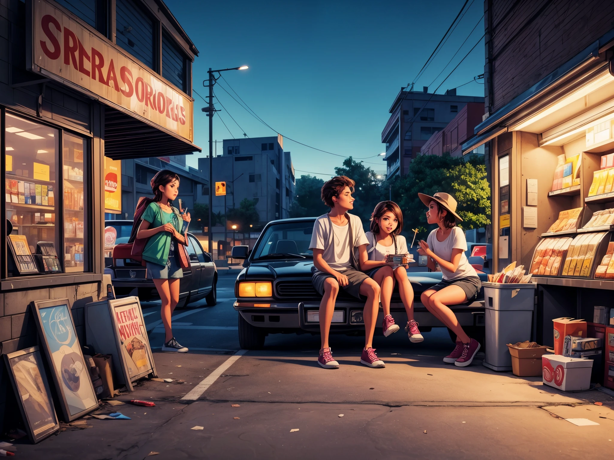 (best quality, 4k, highres, masterpiece:1.2), ultra-detailed, realistic, dimly lit late-night convenience store parking lot with bad students hanging out, drinking alcohol, and smoking cigarettes. The convenience store shelves are stocked with snacks, drinks, and cigarettes. The walls are covered in graffiti, and there is trash on the ground. The empty parking lot has a few cars scattered around. The fluorescent lights flicker, casting dark shadows. The cashier behind the counter looks bored. A group of students sits on the hood of a car, chatting and laughing. One student holds a beer can, blowing smoke in the air, while another leans against a wall, scrolling on their phone. In the distance, the sound of a car passing by breaks the late-night silence occasionally.