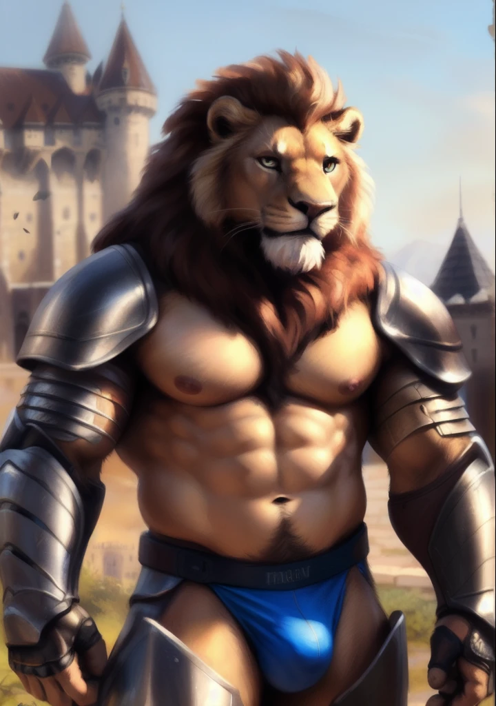 Lion, (knight armour), open chest, hatless, male, solo, adult, abs, ((mane)), pecs, big pecs, nipples, older, strong muscles, big mane, long mane, detailed face, beautiful eyes, muscular chest, muscular, cheerful face, bodybuilder body, beefy, castle background, looking at viewer, bulge, by bruteandbrawn, by personalami, by kenket, (intricate, high detail, film photography, soft focus, RAW candid cinema, photorealism, realistic, photorealistic, analog style, subsurface scattering, masterpiece, best quality, ultra realistic, 8k)