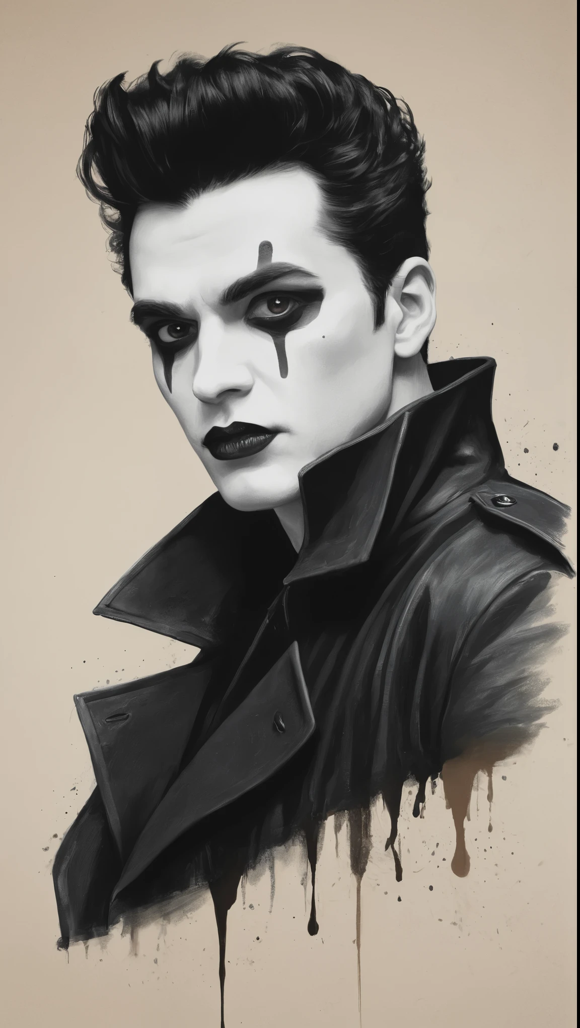 An illustrated movie poster, hand-drawn, full color, a mime, male, 28 years-old, wearing black and white crow makeup and a dark leather trench coat, stocky, soft doughy physique, deep brown eyes, wide bulbous nose, full lips, black lipstick, black hair, curly quiff, thick bushy eyebrows, extremely hairy chest, stomach, and arms, lots of body hair, posing, hard shadows, graphite shading, stencil marks, airbrushed acrylic paint, masterpiece
