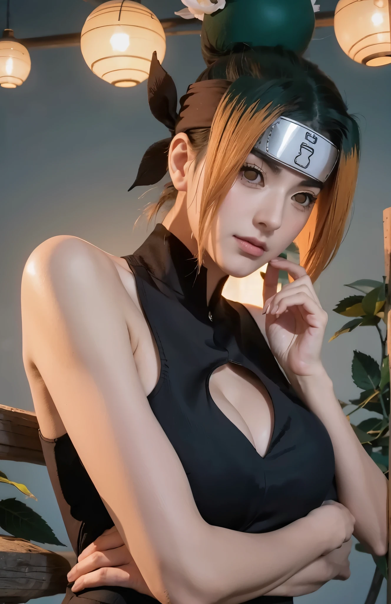 created a masterpiece, with a design similar to a realistic version of the character in the anime Naruto Shipuuden (Pakura). light details, character details, all conditions are perfect, beautiful face, faint smile expression. pose facing the camera. half body photo. medium large breasts. sexy body, beautiful face, high resolution, perfect, quality detail, best quality, masterpiece, 4k, 1 girl, solo, flowers, sombere hair, closed mouth, looking at viewer, expressionless, black hair, rose, upper body , bangs, long hair,