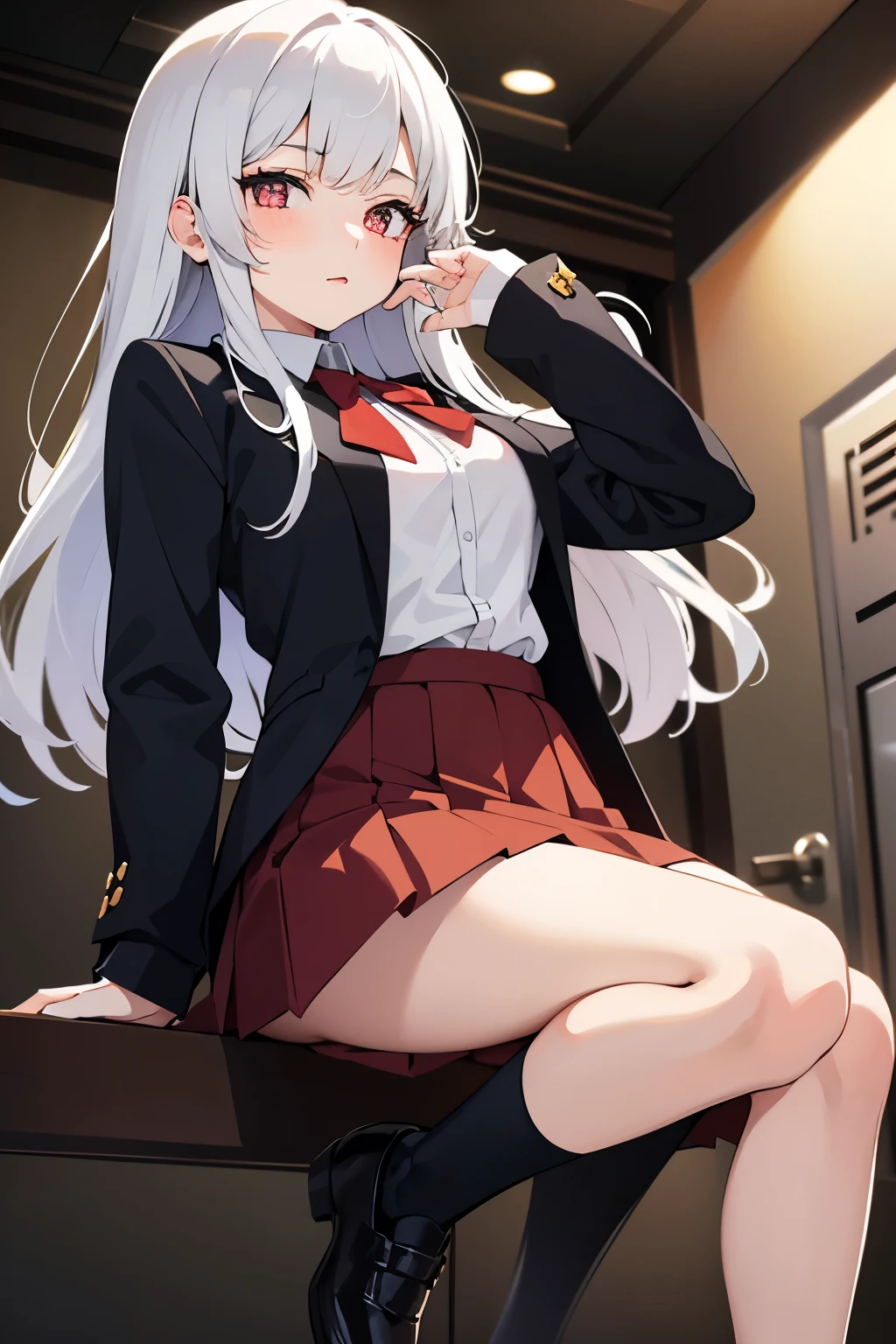 17-year-old female high school student、beautiful woman、sexy pose、Kibi Crowd , mini skirt, pleated skirt, Put your hands on your waist,Black knee-length socks,White hair,red pupils