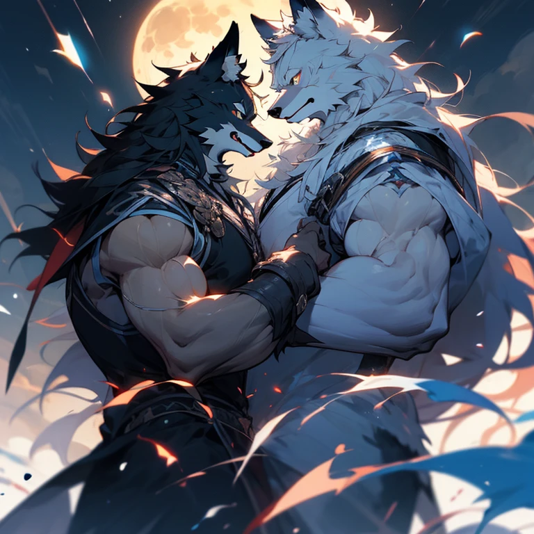 Handsome Huge Muscle white wolf and handsome furry black wolf student uniform See you face to face in park night time full moon