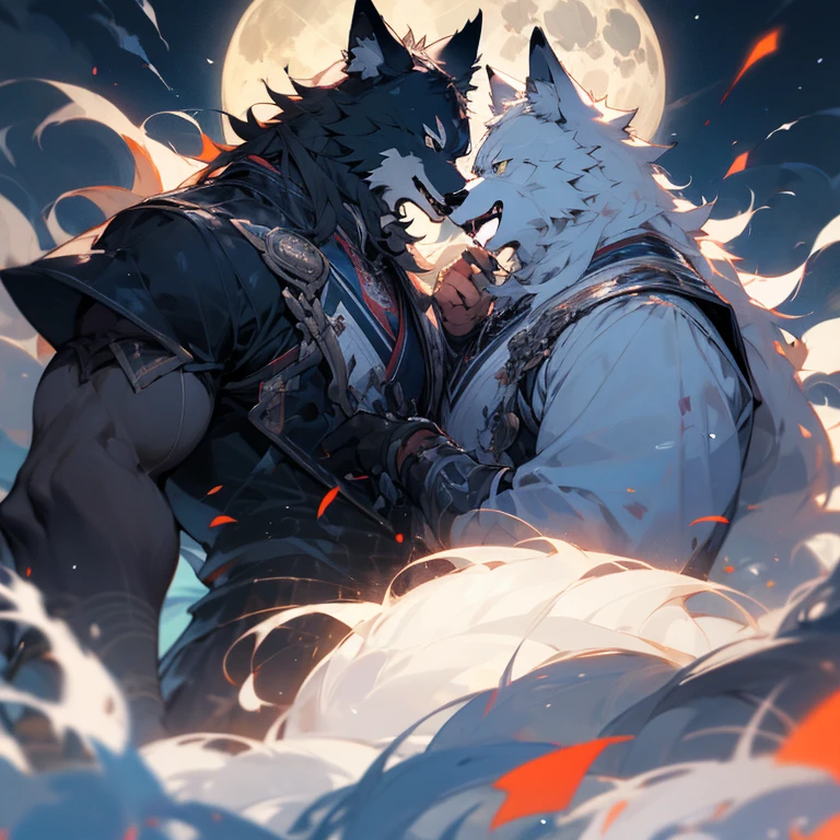 Handsome Huge Muscle white wolf and handsome furry black wolf student uniform See you face to face in park night time full moon