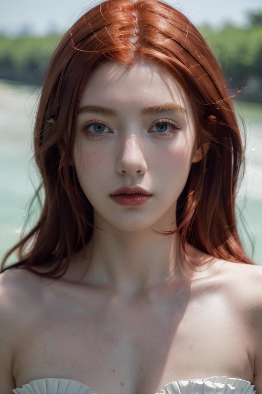 ( masterpiece, top quality, best quality,8k, girl,ultra detailed,raw photo:1.5),(photorealistic:1.4), (red hair:1.5), (cinematic lighting), PerfectNwsjMajic, , Surrealism, UHD, ccurate, Super detail, textured skin, High detail, Best quality, dynamic angle, White skin,[Beautiful blue eyes], high nose,[flat chest:large breasts:0.5],(1girl),(good anatomy:0.5)),(outside,river, portrait:1.5),dress