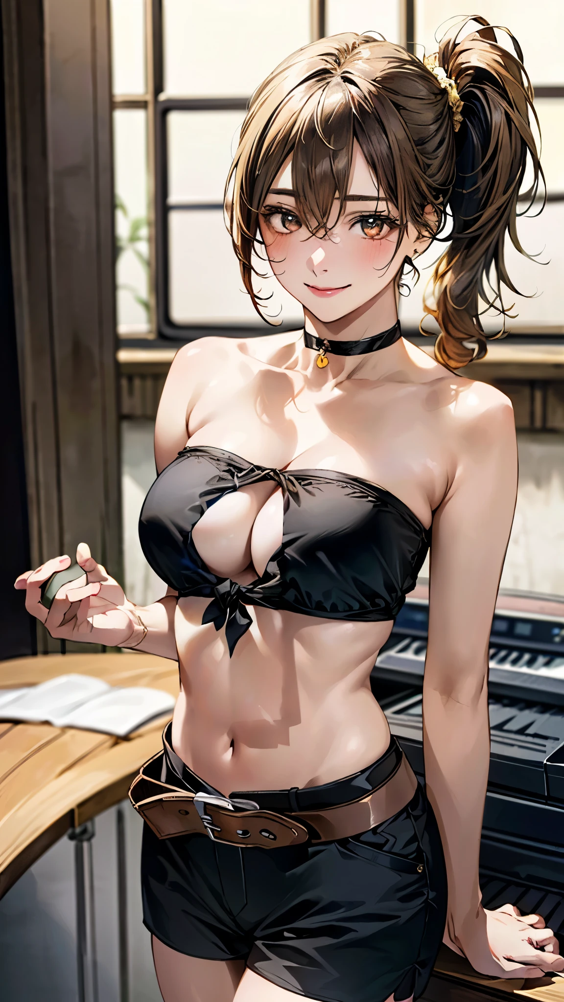 (masterpiece:1.3, top-quality, ultra high res, ultra detailed), (realistic, photorealistic:1.4), beautiful illustration, perfect lighting, natural lighting, colorful, depth of fields, surrealism,
beautiful detailed hair, beautiful detailed face, beautiful detailed eyes, beautiful clavicle, beautiful body, beautiful chest, beautiful thigh, beautiful legs, beautiful fingers,
looking at viewer, 1 girl, japanese, high school girl, (perfect anatomy, anatomically correct), cute and symmetrical face, face, perfect face, perfect eyes, shiny skin,
(middle hair:1.8, side ponytail:1.1, (marron hair)), hair between eyes, (gold eyes), slant eyes, long eye lasher, (large breasts:0.8, seductive thighs),
((black tube top, black enamel short pants, black choker, 2 brown belt), yellow hair chouchou),
(beautiful scenery), summer, evening, (recording studio), extremely sexy, (lovely smile, upper eyes),