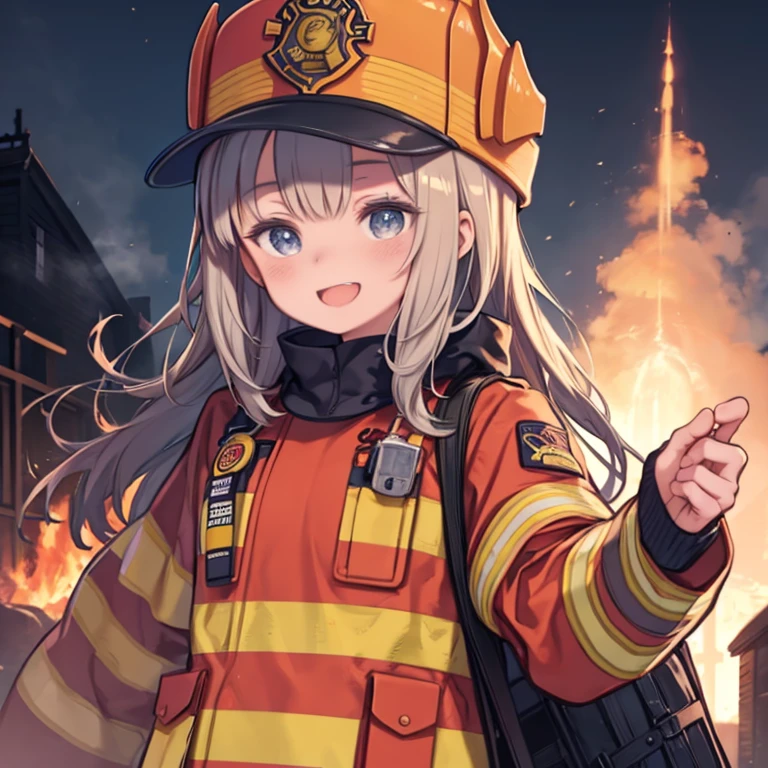 (Masterpiece:1.3), (best quality:1.2), (intricate details:1.1), (detailed background:1.2), 1girl, solo, grey eyes, elf, long hair, silver hair, frizzy hair, hair ribbon, (long braid:1.3), (medium breasts:1.2), fire fighter, firefighter uniform, burning building, open mouth, panic, looking over shoulder, running,