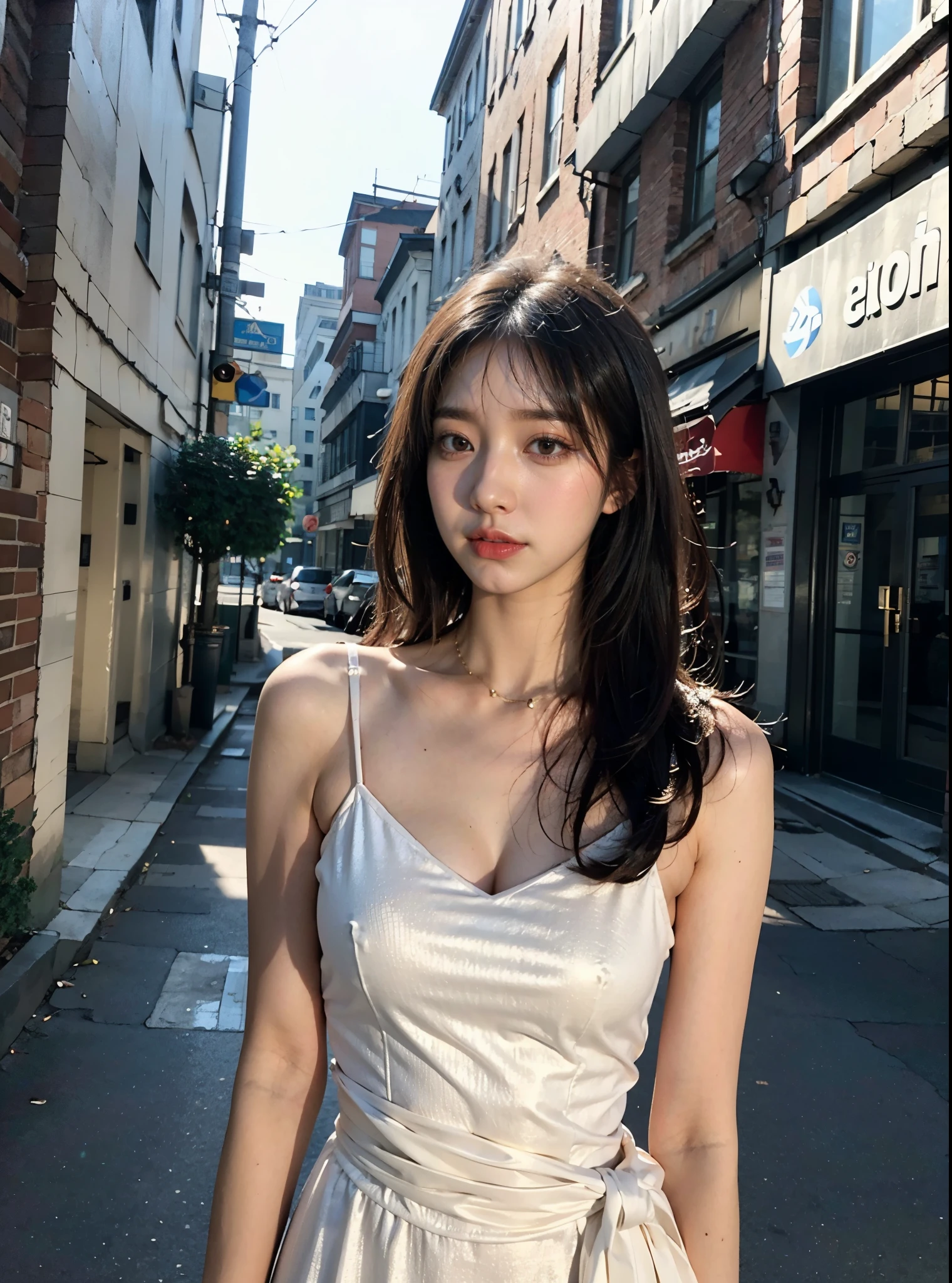 (Best Quality, 8K, 32 k, Masterpiece, UHD:1.2), Photorealistic:1.37,Photo Masterpiece, Best Quality, Raw foto,  UHD, 1Girl,  Long hair, Glitter Hair,Brown hair, captivating, White dress, [Messy Half Ponytail|bobcut] The middle_parting_Hairstyles, looking up at viewer, In the street, intriciate detail, detailed background, Detailed skins, pore, high resolucion, HDR, looking up at viewer, from frontal, Whole-body focus, Street Snap, Depth of field,  detailed details, Anatomically accurate.,  (Photorealistic, BAPV:1.3), (Upper body from waist frame:1.2), Renaissance background, natural lighting, golden_ratio, Shot with Kodak Vision3 IMAX, fujicolor_because_film,