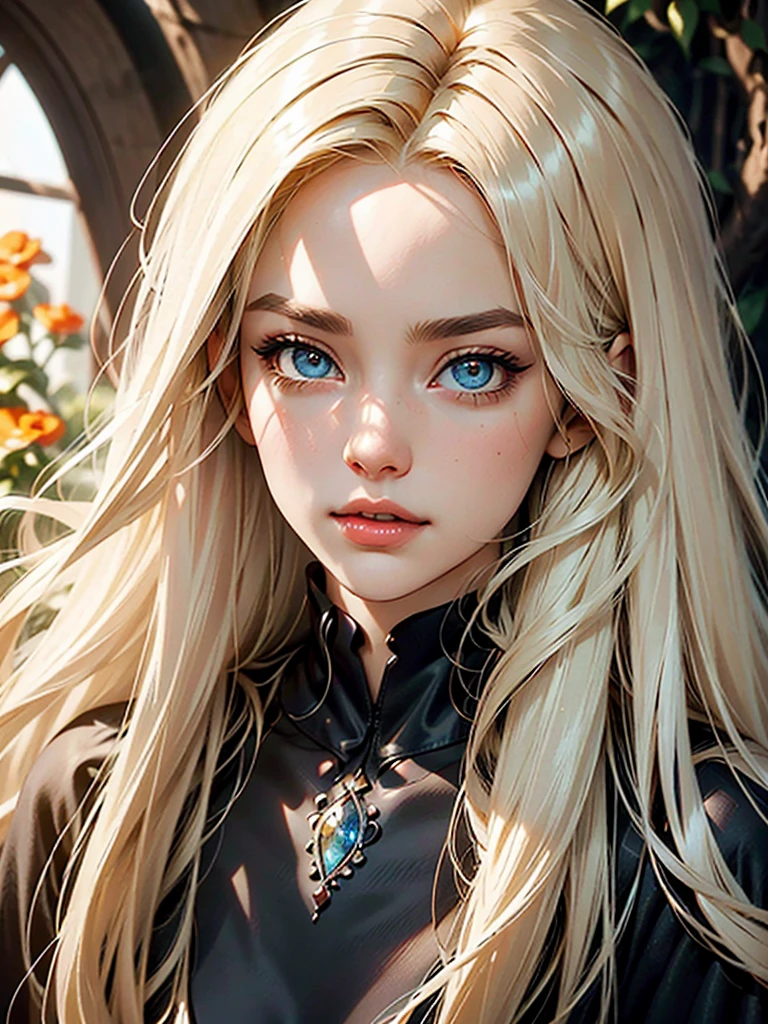 (platinum blond hair with orange highlights). Create a mesmerizing masterpiece of the highest quality, featuring a captivating solo female Dhampir character with pale skin and an intense gaze. The artwork should be rendered in photorealistic detail, with a rating of 1.4. The character should be portrayed wearing a stylish skirt and a striking witch outfit, exuding elegance and allure. Her hair should be the focal point, with a stunning ombre effect that transitions from platinum blonde at the roots to a dark orange shade, achieving a gradient of 1.5. Accentuate her piercing eyes and sharp fangs, further enhancing her mysterious nature. Set her in a moonlit garden, enveloped in a sinister atmosphere, with vibrant colors and dramatic lighting. Ensure every detail is meticulously captured, from her flawless face to her graceful pose, as she walks through the garden, exuding confidence and intrigue. Pay special attention to her hair, which should have a mesmerizing ombre effect with a gradient rating of 1.2. Start with a platinum blonde shade at the roots, seamlessly transitioning into a dark orange hue towards the ends. Capture every strand with meticulous precision, highlighting the beauty and uniqueness of her hair. ((((Full Body Portrait))))