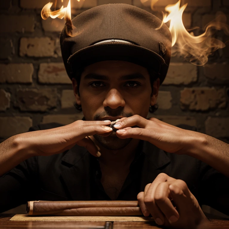 Black man in red and white striped clothing , with a small hat on one side, cigarettes in his mouth, playing pool