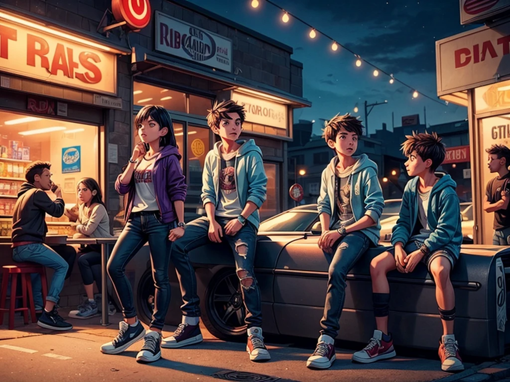 A group of rebellious students hanging out in a convenience store parking lot at midnight, smoking and drinking. The scene is set in a dimly lit parking lot, with flickering streetlights casting eerie shadows. The students are wearing casual streetwear, with hoodies, ripped jeans, and sneakers. They have a nonchalant and defiant attitude, exuding an air of rebellion. The convenience store sign is brightly lit, contrasting with the dark surroundings. The store's windows display various snacks, drinks, and neon signs. The students' expressions are a mix of boredom and mischief, with some laughing and others engrossed in their conversations. Their actions are carefree, with some leaning against a car, others sitting on the back of a pickup truck, and a couple standing in a circle, passing a cigarette around. The smoke from their cigarettes creates a hazy atmosphere, further enhancing the late-night ambiance. The overall mood is gritty and atmospheric, evoking a sense of youthful rebellion and the thrill of breaking rules. The colors are predominantly dark and muted, with shades of blue and purple, emphasizing the nocturnal setting. The lighting is low-key, with harsh streetlights casting long shadows and illuminating the scene with a moody, cinematic feel. The prompt should have a high level of detail and realism, focusing on capturing the unique characteristics of the rebellious students and the late-night convenience store setting. The image should have a realistic and photorealistic style, emphasizing sharp focus and vivid colors.