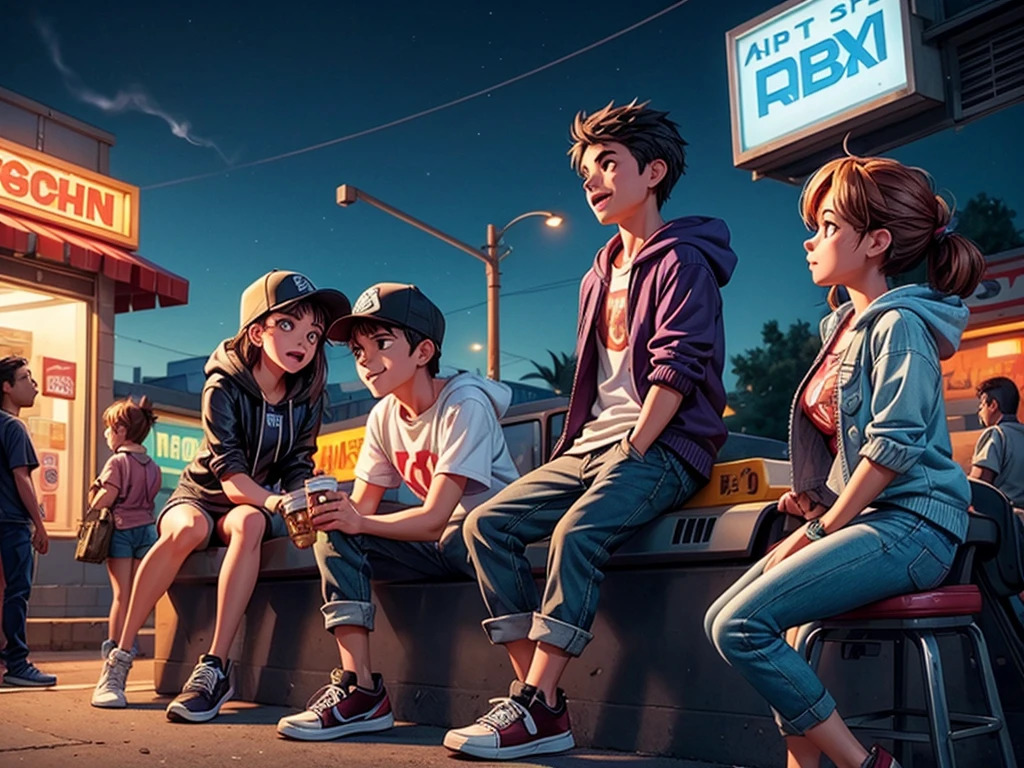 A group of rebellious students hanging out in a convenience store parking lot at midnight, smoking and drinking. The scene is set in a dimly lit parking lot, with flickering streetlights casting eerie shadows. The students are wearing casual streetwear, with hoodies, ripped jeans, and sneakers. They have a nonchalant and defiant attitude, exuding an air of rebellion. The convenience store sign is brightly lit, contrasting with the dark surroundings. The store's windows display various snacks, drinks, and neon signs. The students' expressions are a mix of boredom and mischief, with some laughing and others engrossed in their conversations. Their actions are carefree, with some leaning against a car, others sitting on the back of a pickup truck, and a couple standing in a circle, passing a cigarette around. The smoke from their cigarettes creates a hazy atmosphere, further enhancing the late-night ambiance. The overall mood is gritty and atmospheric, evoking a sense of youthful rebellion and the thrill of breaking rules. The colors are predominantly dark and muted, with shades of blue and purple, emphasizing the nocturnal setting. The lighting is low-key, with harsh streetlights casting long shadows and illuminating the scene with a moody, cinematic feel. The prompt should have a high level of detail and realism, focusing on capturing the unique characteristics of the rebellious students and the late-night convenience store setting. The image should have a realistic and photorealistic style, emphasizing sharp focus and vivid colors.