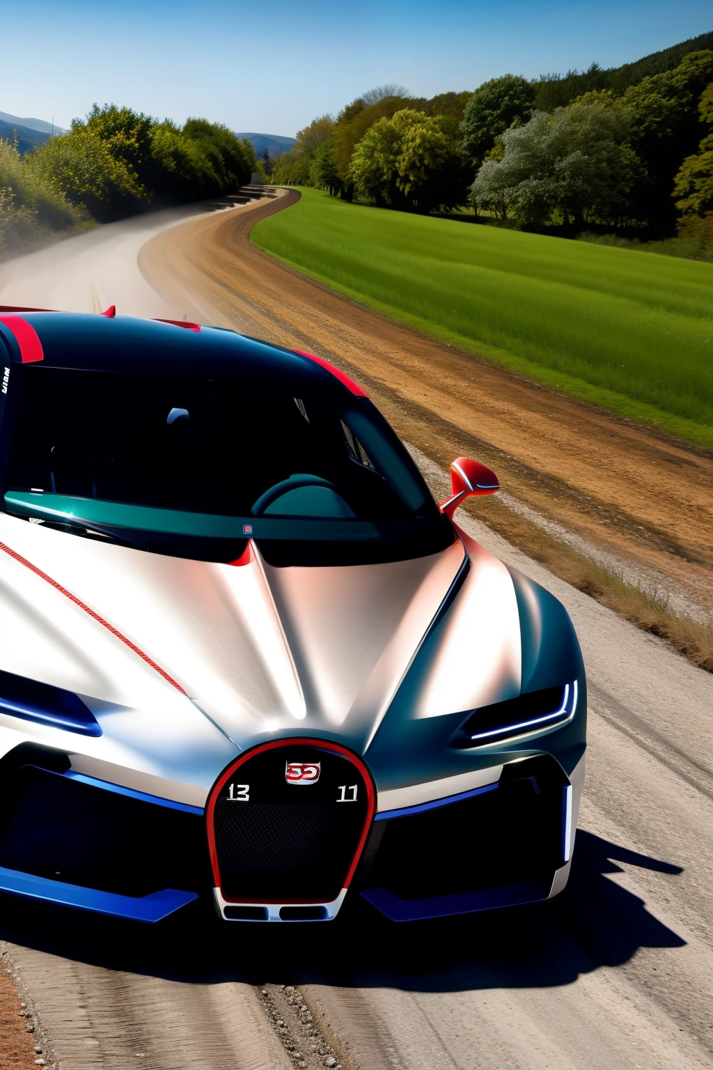 Draw a silver rally car drifting on a gravel road，The appearance is the body of Bugatti Divo changed to the proportions of Volkswagen Polo