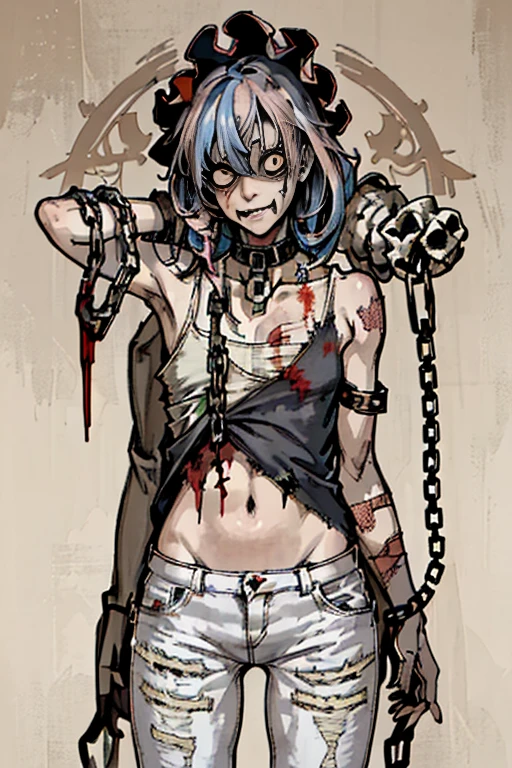 highest quality, High resolution,(Background made up of lots of chains and skeletons、),Cute zombie girl、Splattering blood、amusement park、small eyes、（flat chest）, Odd colored hair, realistic, masterpiece, super detailed, realistic, beautiful、A lot of chains wrapped around his body、((A body full of stitches)),((A patchwork body))、(Tattered white denim pants)、Bloody tank top、colorful、Collar with a large chain、,(Joined seams)、bold pose