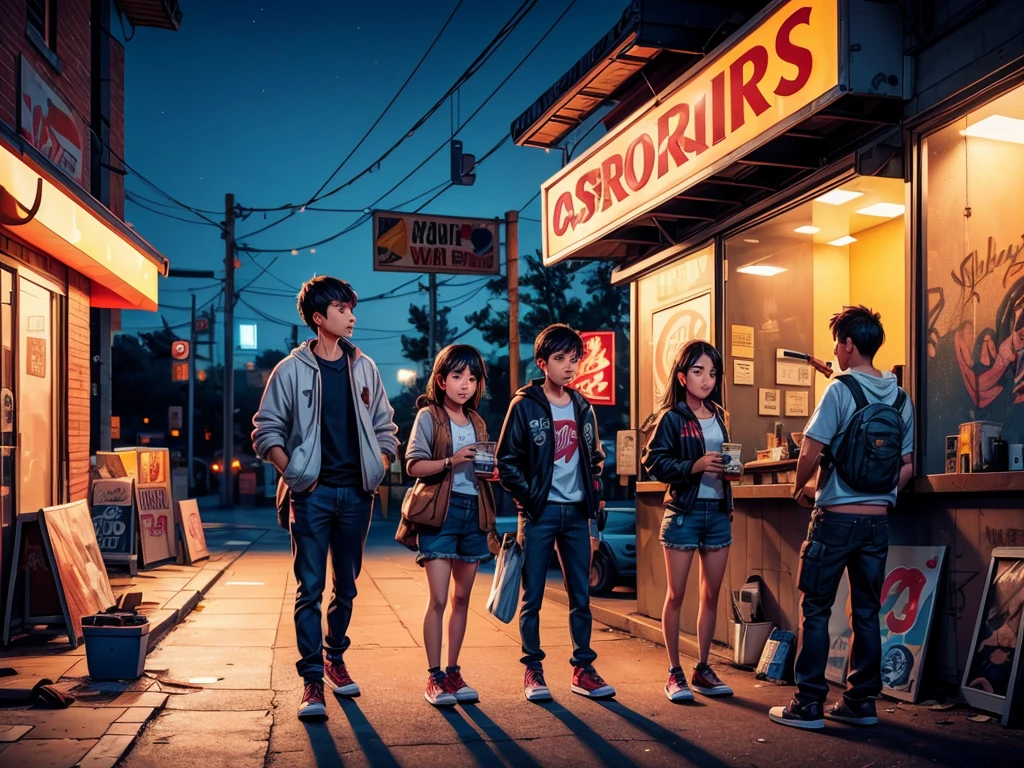 blacklisted students loitering in a late-night convenience store parking lot, drinking alcohol and smoking cigarettes, (best quality,4k,8k,highres,masterpiece:1.2),ultra-detailed,(realistic,photorealistic,photo-realistic:1.37), dimly lit, urban scene, vibrant colors, graffiti-covered walls, discarded trash, flickering neon signs, moonlight casting shadows