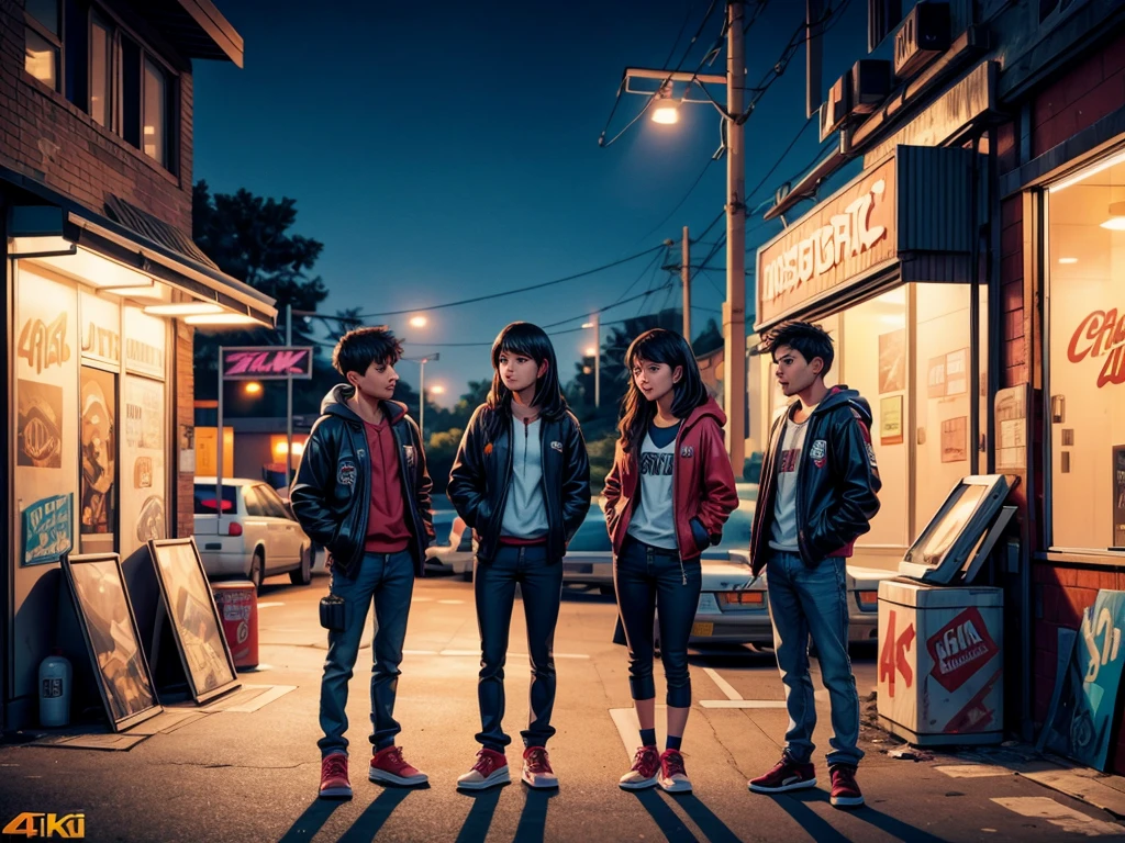 blacklisted students loitering in a late-night convenience store parking lot, drinking alcohol and smoking cigarettes, (best quality,4k,8k,highres,masterpiece:1.2),ultra-detailed,(realistic,photorealistic,photo-realistic:1.37), dimly lit, urban scene, vibrant colors, graffiti-covered walls, discarded trash, flickering neon signs, moonlight casting shadows