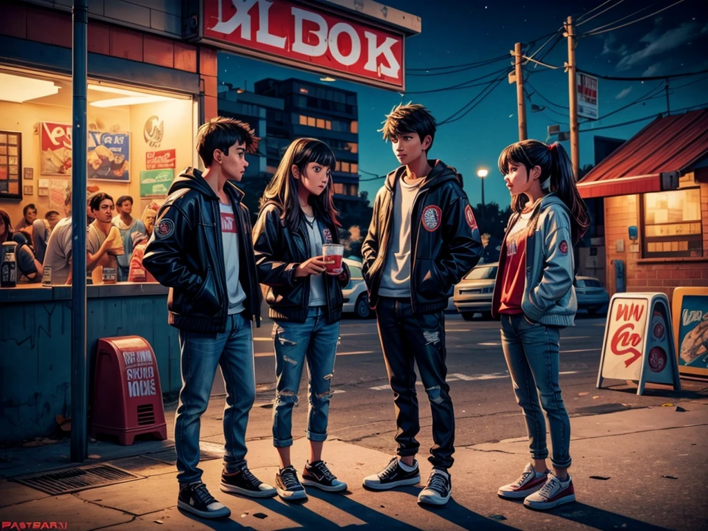 blacklisted students loitering in a late-night convenience store parking lot, drinking alcohol and smoking cigarettes, (best quality,4k,8k,highres,masterpiece:1.2),ultra-detailed,(realistic,photorealistic,photo-realistic:1.37), dimly lit, urban scene, vibrant colors, graffiti-covered walls, discarded trash, flickering neon signs, moonlight casting shadows