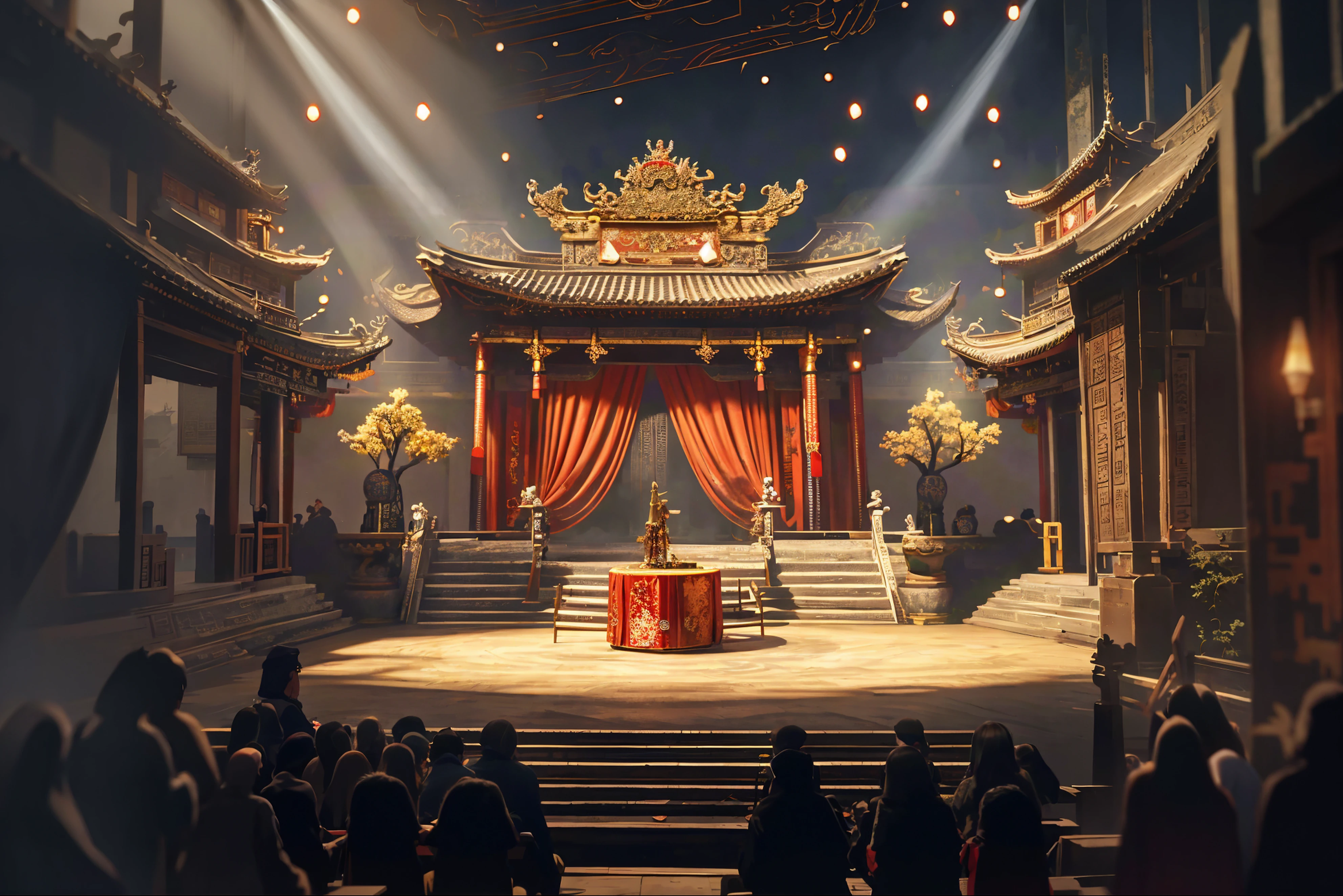 There is a stage with a stage curtain，There is also a stage with a stage set, Beautiful rendering of the Tang Dynasty, Cyberpunk Chinese Ancient Castle, cinematic. author：Leng Jun, By senior environment artist, Film environment design, Chinese temple, concept art | feng zhu, Inspired by Gong Xian, Popular topics on cgstation, author：Yang Jie, chinese palace