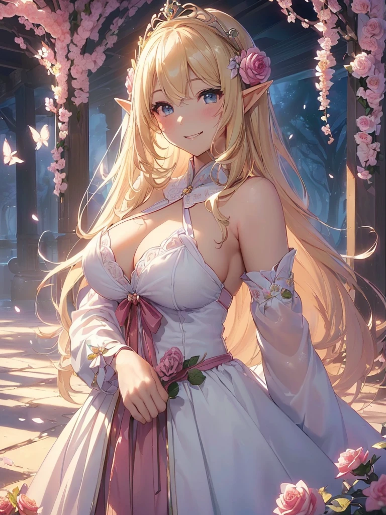 最high quality、best image quality、masterpiece、beautiful face、、titania、Super beautiful elf beauty((22 year old office lady big bust、bust 90,beautiful long ironed hair、blonde、height: 165cm。thin、sexy、cowboy shot,、Esbian、beautiful tiara、morning、sunrise、high quality、美しいart、、、pieces fly、ビジュアルart、written boundary depth、、elf ears、、lightのmagic、universe、happy smile、穏やかなlight、beautiful forest、cherry blossoms、、elegant、ticker beautiful decorative、、、mystery的な rosa、Rose、、magicのflower、flowerを作るmagic、light、 null、beautiful dressy、beautiful dress、art、Lord of the Ring、spectacular scenery、sexy、friendly smile、wonderful、cherry blossoms、舞い散るflowerびら、cherry blossomsのflower、flower畑、nature、universeのmagic、magicのlight、fantasy、flower、super REALITYa lotのRose、magic、Grow fantasy、、mysteryのlight、art nouveau、Alphonse a lot、、art、art,mystery,UHD,magicalgentle light,sexy、