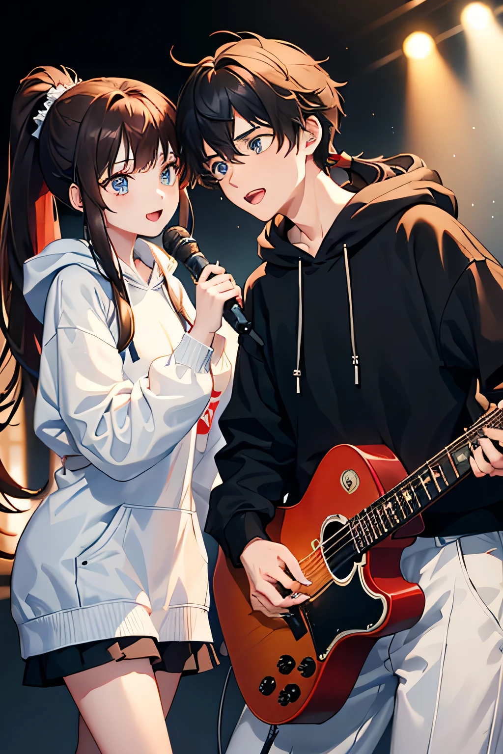 1boy and 1girl,20 years old,conser stage,(boy,black white hoodie,blue eyes,black hair,mullet haircut,sing while playing the guitar), and (girl,using red dress,brown hair,long hair,ponytail hairstyle,brown colour eyes,singing) happy expression
