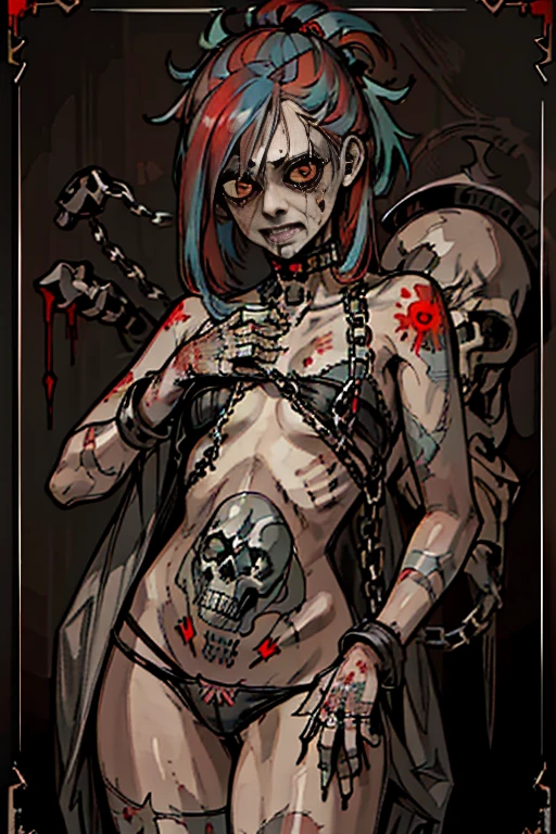 highest quality, High resolution,(A frame made up of chains and skulls),zombie girl、A bloody chainsaw、Splattering blood、amusement park、small eyes、small breasts, Mr.々colored hair, realistic, masterpiece, super detailed, 8K, epic 、cute underwear、tattoo