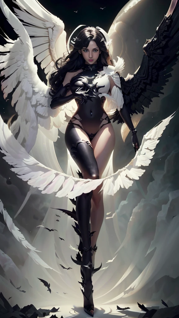 devil god, (Silhouette:1.5), (Realistic picture, highest resolution, 16k), ((She has 12 wings on her back:1.5), (6 white wings:1.5) and (6 black wings:1.5)), ((She has 12 wings on her back.:1.5), Separate theme, สับหว่างระหว่างปีกนางฟ้าandปีกมาร, สับหว่างระหว่างปีกสีขาวandปีกสีดำ, Layered wings, (12 white wings:1.5) and (12 black wings:1.5)), Separate themeปีกจอมมารandปีกนางฟ้า, (many wings, wings separated, 12 wings on her shoulders:1.4, เทพเจ้าจอมมารที่มีปีกกว้างandมีพลังมหาศาลอยู่บนไหล่ของเขา, Add dynamic wings), (12 wings on the shoulders:1.6), (Beautiful girl with two meter long hair, striking long hair, Beauty that comes from long hair, long black hair), (Smooth white skin, Smooth white skin, Smooth white skin), (Lips are very red.,), ((stand, that is finished)), (Huge breasts, Massive breast, The breasts are soft and fluffy., Plump breasts, A gigantic rift, Huge breast), (thin body, flat stomach, small waist, hips raised, small thighs, Long legs), (dynamic post), (Female height 172 centimeters), (perfect proportions, Anatomically correct, proportional anatomy), (full body, เหมือนfull body, See the whole body., Visible in every part of the body), (Porn, naked, exposed body, not wearing clothes, naked, naked, not wearing underwear, Hot striptease, see pussy, see tits, Look at that pussy., see breasts, Breasts that are too large, Shave pubic hair), (powerful wings, 12 bat wings:1.6, gigantic wings), (scene, ความdark, ในที่dark, deep shadow, dynamic light, Take realistic photos, background, dark, at night), The magic circle is behind., จักรวาลที่darkมิด, Wings that shine on their own, ((12 wings on the shoulders)), Twelve wings on the back, full body, See head to toe, She's boasting., naked body, bare, not wearing clothes, see tits and pussy, perfect body, flawless, Angel highest level, Devil MAX level, Devil with twelve wings, The twelve wings are clear., There are many wings on the back., The Devil's back has many wings., stand on the air, There is light in the palm of the hand., in the red eye