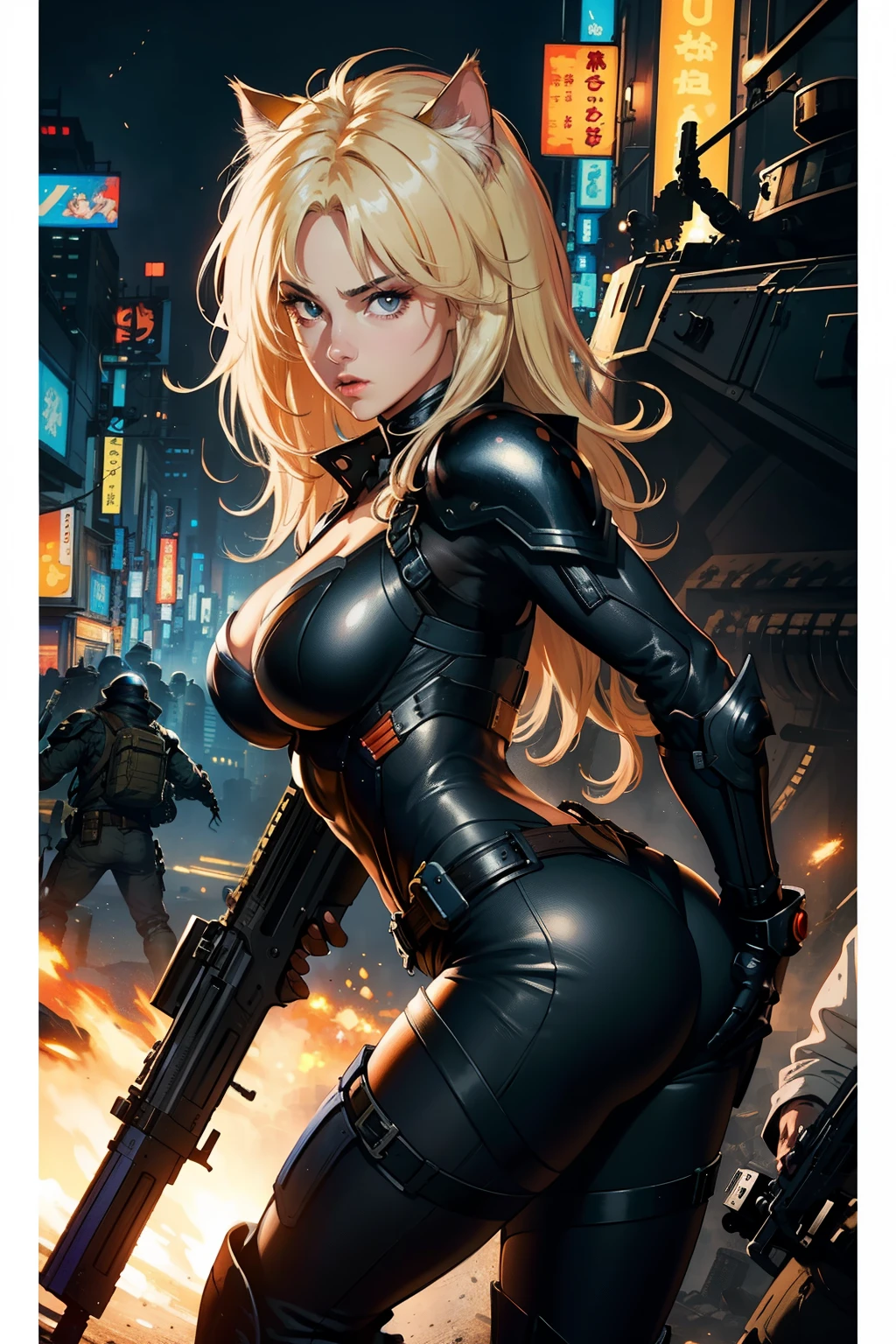 ((highest quality)), ((masterpiece)), (be familiar with), (High definition), 8K, perfect face、2 women、Two blonde women with cat ears、((action scene))、tall、2 Blonde cat ears、2. Long Hair、2. Volumetric hair style、big breasts、constricted waist、big ass、glamorous、Glamorous、protector、Armor、combat suit、combat boots、armed、Equipped with large firearms、In front of the tank、cinematic、best shadow、side lighting、NEO TOKYO、explosion、(close up of face)