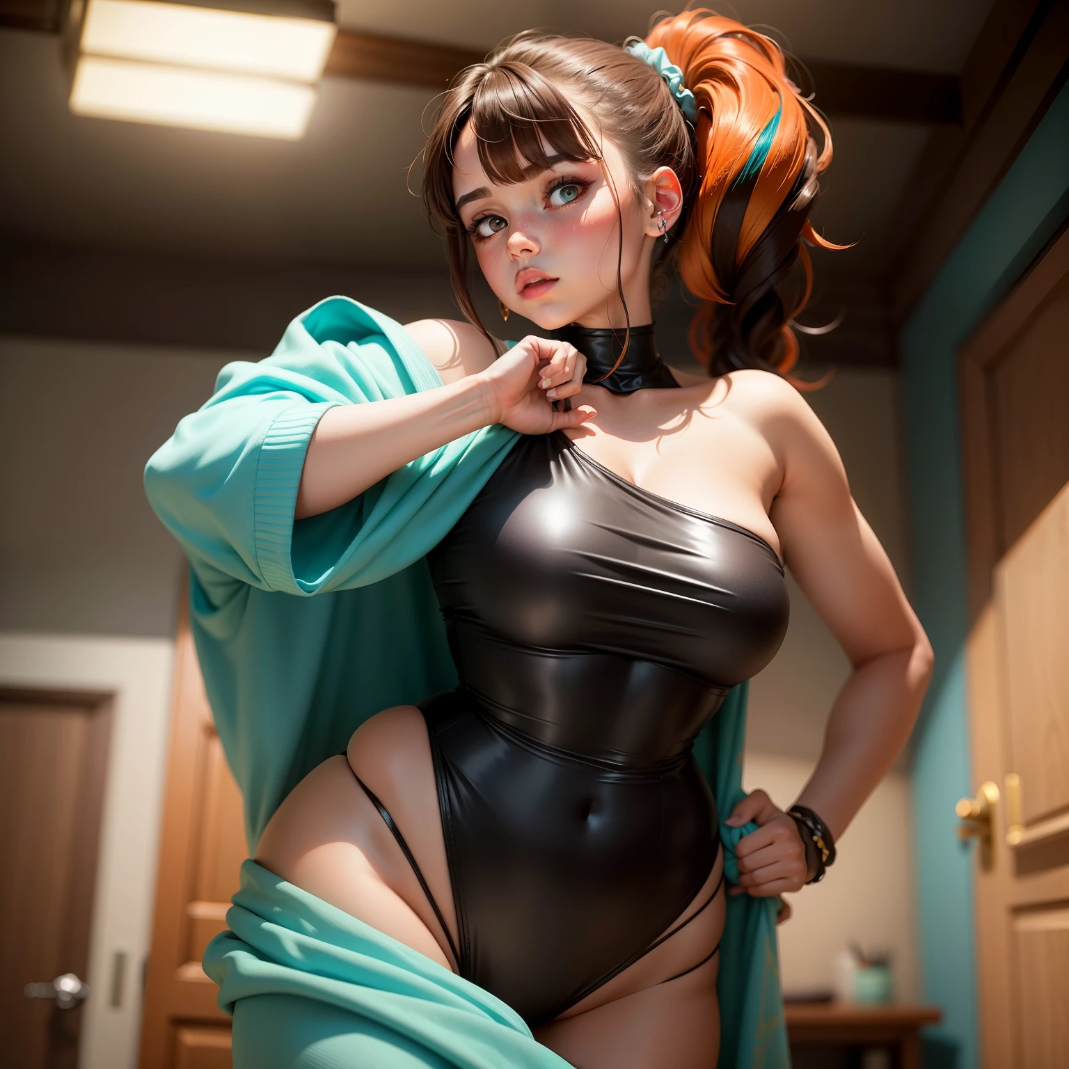 Her dark brown hair, cascading down her shoulders, is neatly tied in a side ponytail on the left. The shiny turquoise scrunchie holds it in place, adding a pop of color to her outfit. Her eyes, an intriguing copper red, radiate with a fiery intensity. Standing at a height of 162 centimeters, she is only . Her young frame houses a budding figure, with a C cup that belies her age.