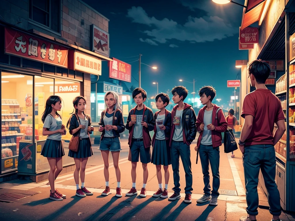 A group of rebellious students hanging out in a convenience store parking lot in the late night, drinking and smoking、
late night, rebellious students, convenience store, parking lot, drinking, smoking, dimly lit, urban setting, concrete, vibrant colors, street lights, haze