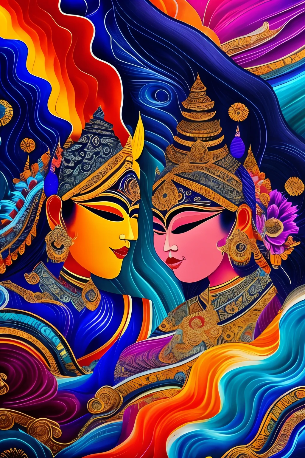 Amidst the ethereal realm of abstract Javanese arts, a mesmerizing ensemble of colors and forms unfolds. The canvas is a vessel for the unconscious, a mirror reflecting the deepest recesses of the Javanese soul. Brushstrokes, akin to the rhythm of gamelan beats, dance across the surface of the painting, creating intricate patterns that resonate with an enigmatic beauty.

The hues of sambal and tempura paint the scene, their vibrancy contrasting against the backdrop of deep indigo and obsidian. In the distance, fantastical Javanese figures emerge from the swirling vortex of colors, their