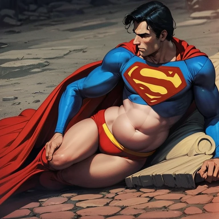 1970s.
 Dark dungeon, Superman pregnant, late pregnant Superman lying on his back on the floor with a large belly, holding his pregnant and growing belly lovingly, belly poking out of Superman costume, hairy body