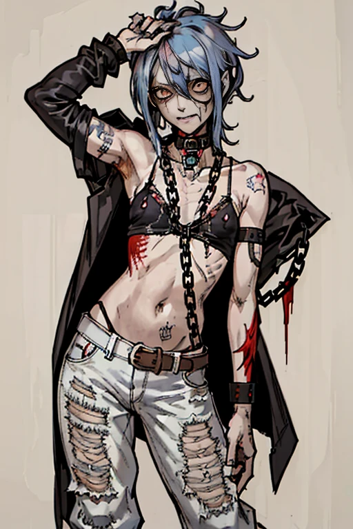 highest quality, High resolution,(A frame made up of chains and skulls),zombie girl、A bloody chainsaw、Splattering blood、amusement park、small eyes、small breasts, Mr.々colored hair, realistic, masterpiece, super detailed, 8K, epic 、cute underwear、tattoo、Cute zombie girl、Splattering blood、amusement park、small eyes、（flat chest）, 不気味colored hair, A lot of chains wrapped around his body、((A body full of stitches)),((A patchwork body))、(Tattered white denim pants)、Bloody tank top、colorful、Collar with a large chain、,(Joined seams)、bold pose
