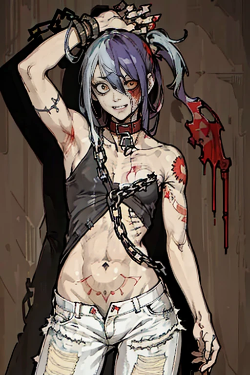 highest quality, High resolution,(A frame made up of chains and skulls),zombie girl、A bloody chainsaw、Splattering blood、amusement park、small eyes、small breasts, Mr.々colored hair, realistic, masterpiece, super detailed, 8K, epic 、cute underwear、tattoo、Cute zombie girl、Splattering blood、amusement park、small eyes、(flat chest), 不気味colored hair, A lot of chains wrapped around his body、((A body full of stitches)),((A patchwork body))、(Tattered white denim pants)、Bloody tank top、colorful、Collar with a large chain、,(Joined seams)、bold pose